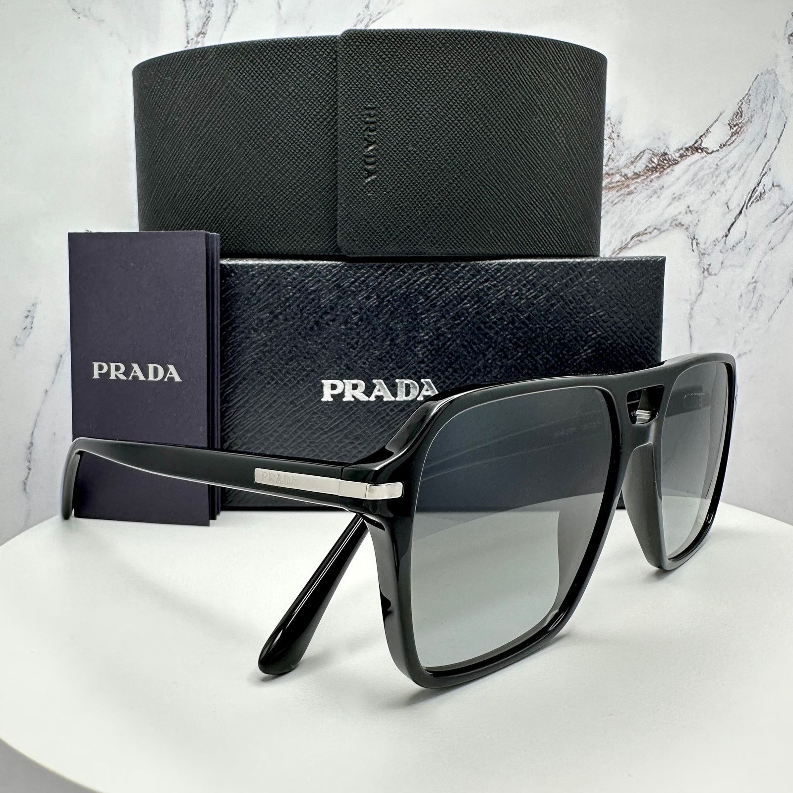 Prada NEW PRADA Sunglasses Black Aviator Pilot Grey Lens Side Logo Size ONE SIZE - 7 Thumbnail