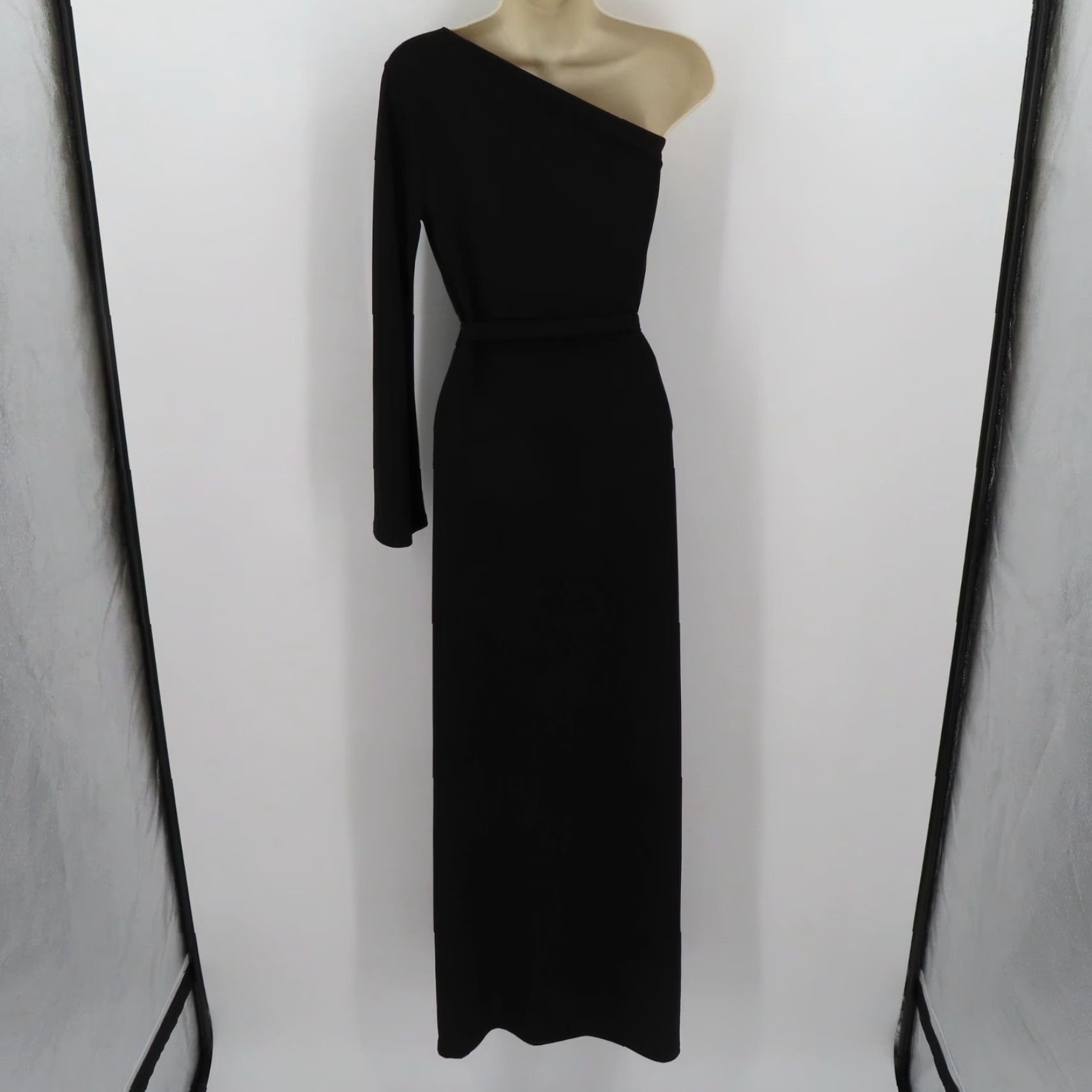 Vintage Ariella Womens Small Solid Black One Shoulder Long Sleeve Maxi Dress Slit Belted Size S / US 4 / IT 40 - 4 Thumbnail