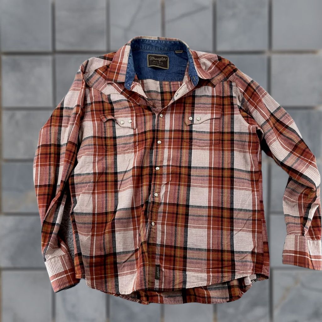 Wrangler Wrangler Shirt Mens XL Orange Brown Plaid Collar Pearl Snap Retro Western Cowboy Size US XL / EU 56 / 4 - 1 Thumbnail