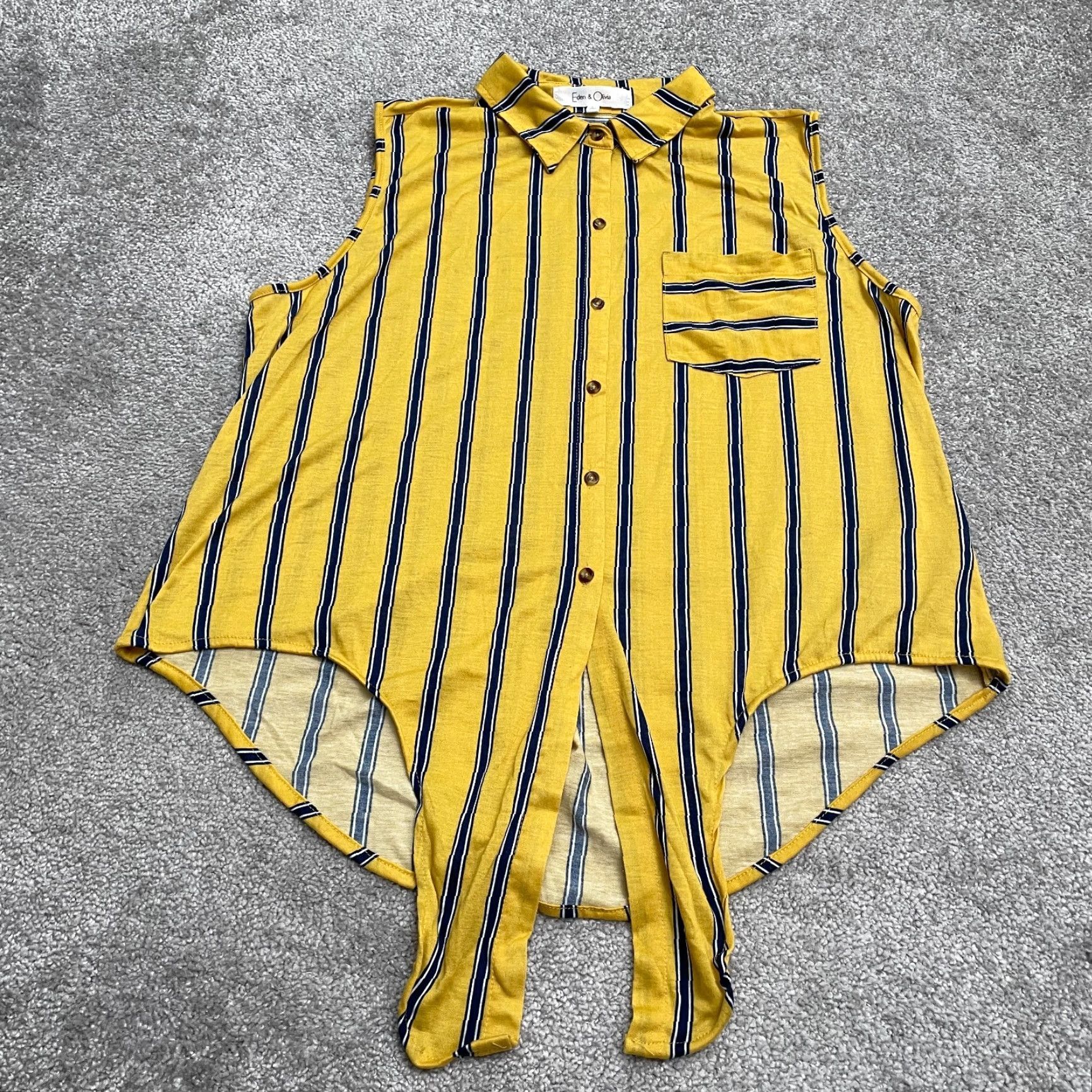 Vintage Eden & Olivia Button Down Shirt Blouse Women Large Yellow Blue Stripe Sleeveless Shirt Size L / US 10 / IT 46 - 2 Thumbnail