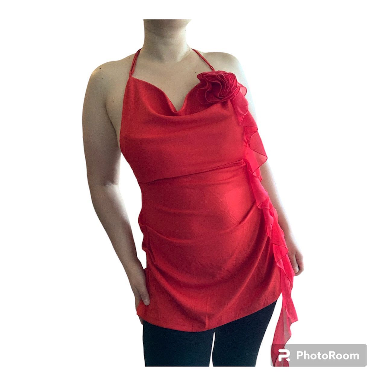 Designer NWT Y2K Style Backless Red Halter Top w/ Side Ruffles Size M / US 6-8 / IT 42-44 - 7 Thumbnail