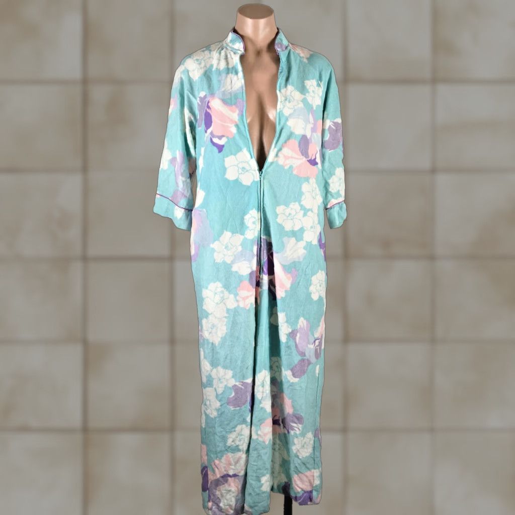 VINTAGE Komar House Coat Robe Dress Small Long Zip-Up Teal Floral Velour Kaftan Women XS S Floral Grandma 80s Modest Colorful Zip Collar Merchan