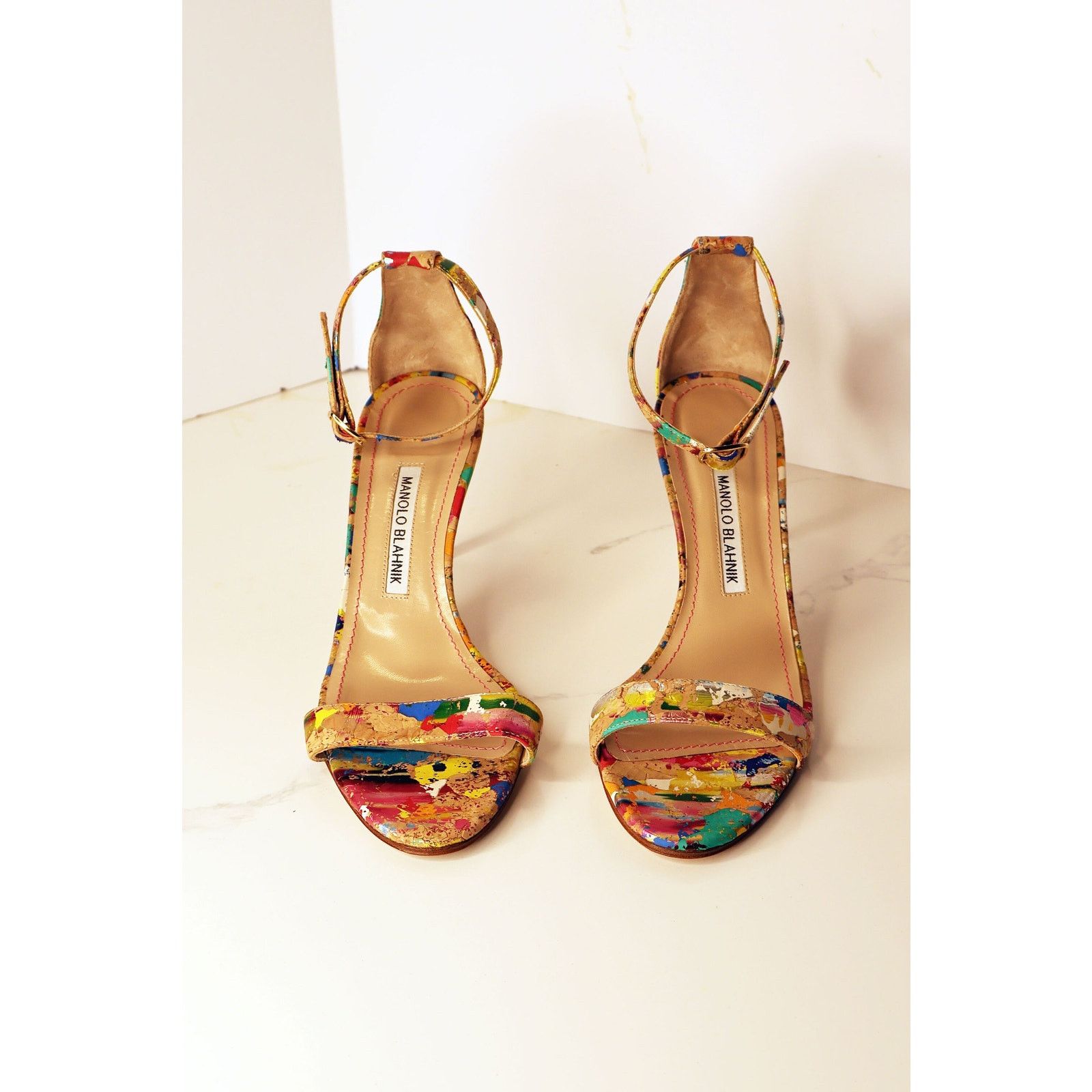 Manolo Blahnik Vintage Manolo Blahnik Cork + Splatter Paint Chaos Sandal Size US 8.5 / IT 38.5 - 5 Thumbnail