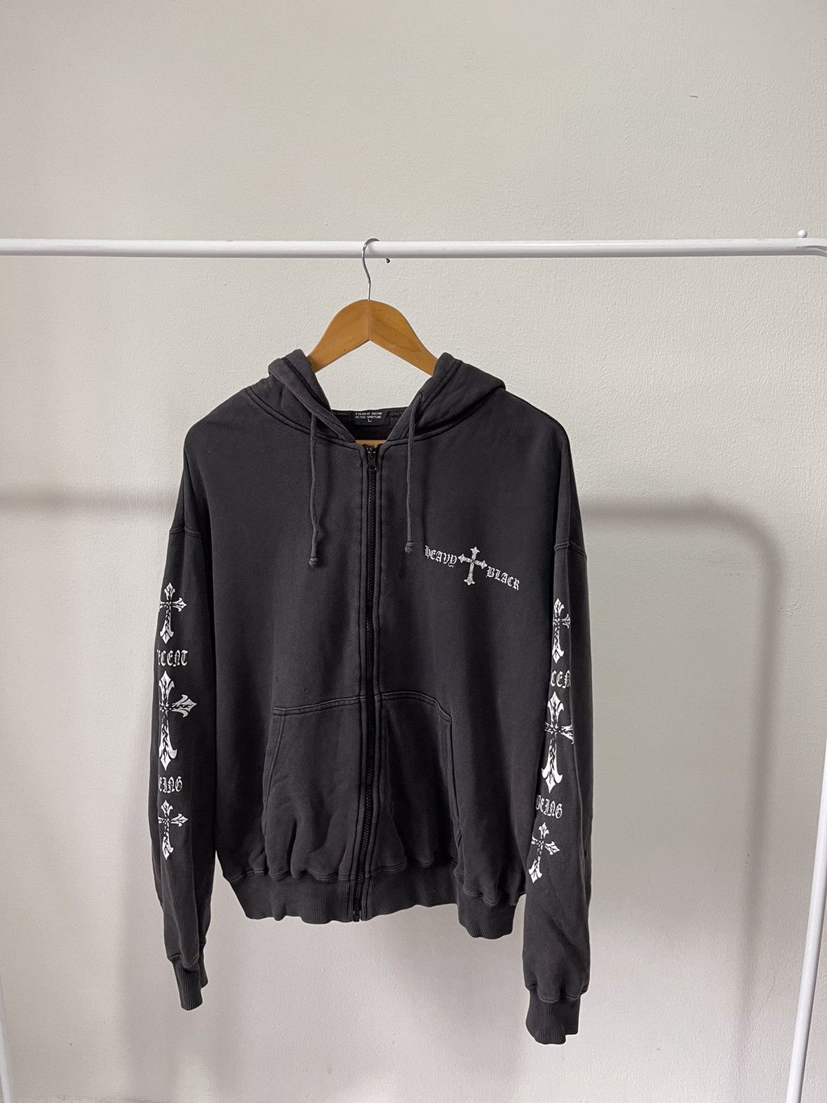 Beauty Beast 2000s Y2K Third Row Heavy Black Cross Faded Hoodie A4 Size US L / EU 52-54 / 3 - 5 Thumbnail