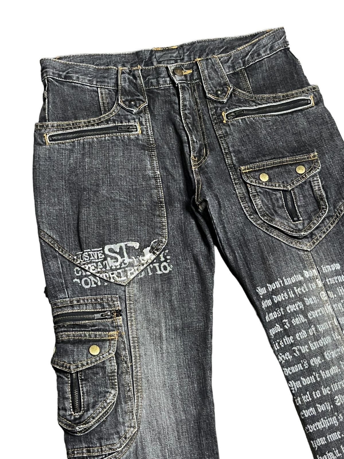 If Six Was Nine 🔥EVOLUTION Retro Punk Poems Multipocket Flare Denim Jeans Size US 31 - 8 Thumbnail