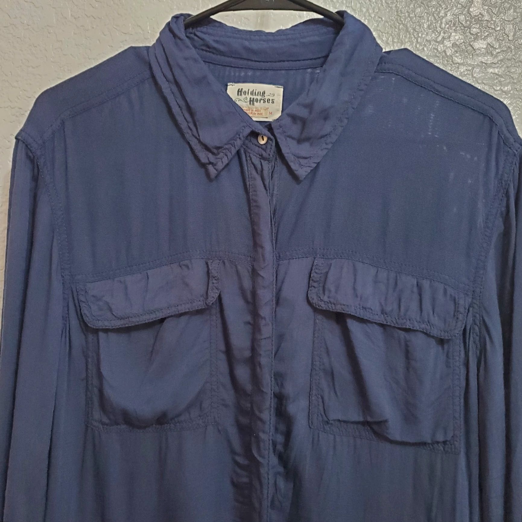 Anthropologie Holding Horses Blouse Shirt Women's M Blue Roll Tab Sleeve Sheer Hem Button Top Size M / US 6-8 / IT 42-44 - 4 Thumbnail