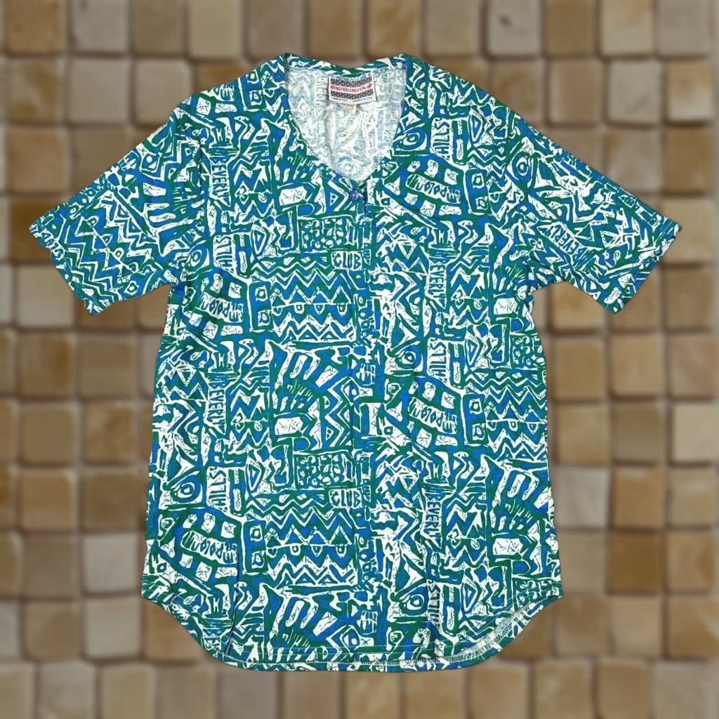 Beverly Hills Polo Club VINTAGE Aztec Teal Beverly Hills Polo Club T-Shirt Womens Medium Short Sleeve Henley Beach Art 90s Vintage Retro 90s Beach Shirt Womens M Green Top Size M / US 6-8 / IT 42-44 - 1 Thumbnail