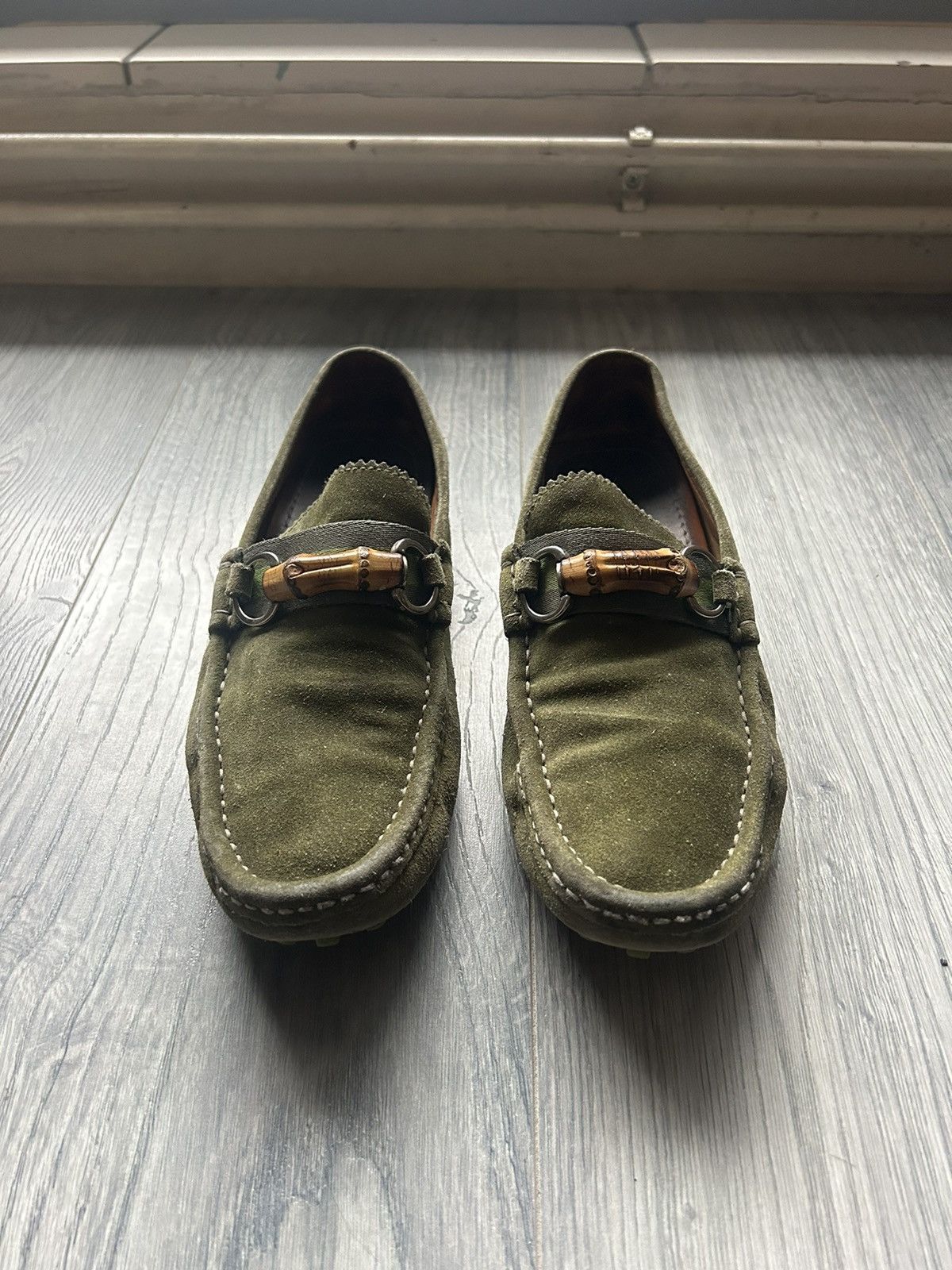 希少✨GUCCI Bamboo Suede Loafers Green GUCCI Green Crocodile Leather Bamboo Buckle Loafers Shoes