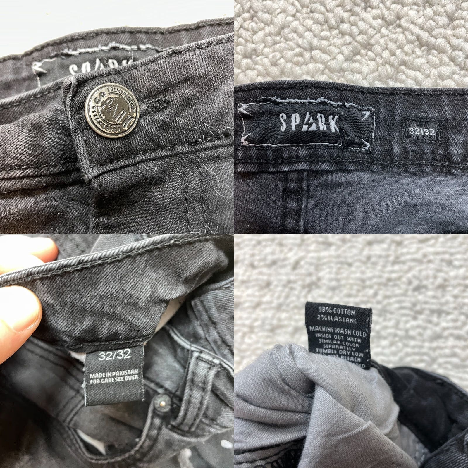 Vintage Spark Distressed Jeans Mens 32 x 32 Black Denim Slim Straight Low Rise 5-Pocket Stretch Size US 32 / EU 48 - 8 Thumbnail