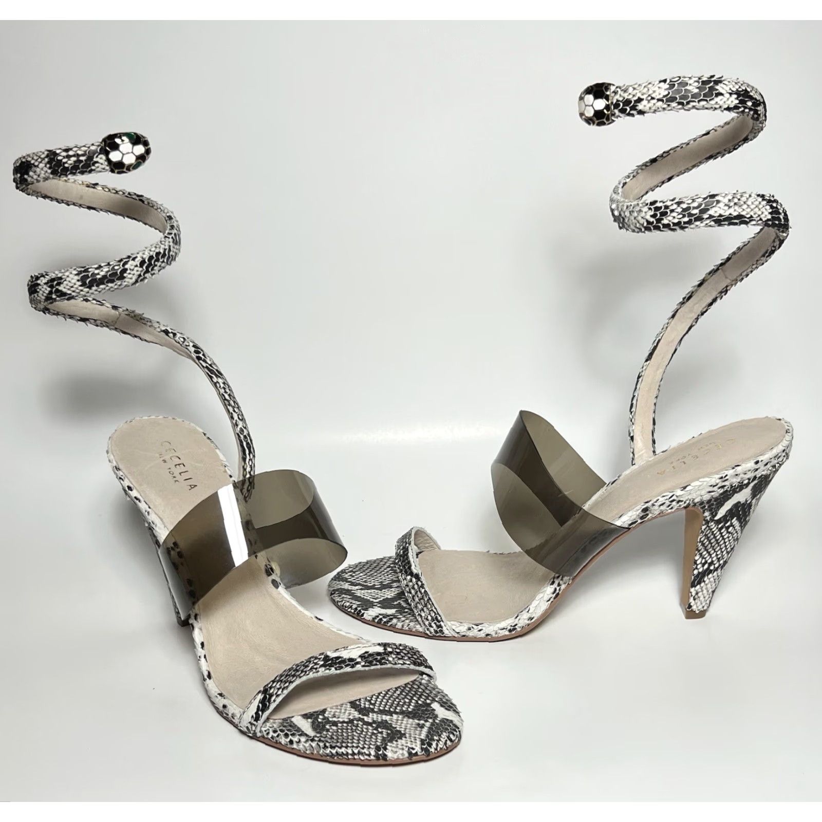 Vintage Cecelia New York Sabrina Ankle Wrap Sandal Black White Snake Embossed 10 Women Heel Strappy Leather Synthetic Snake 90s? Size US 10 / IT 40 - 2 Thumbnail