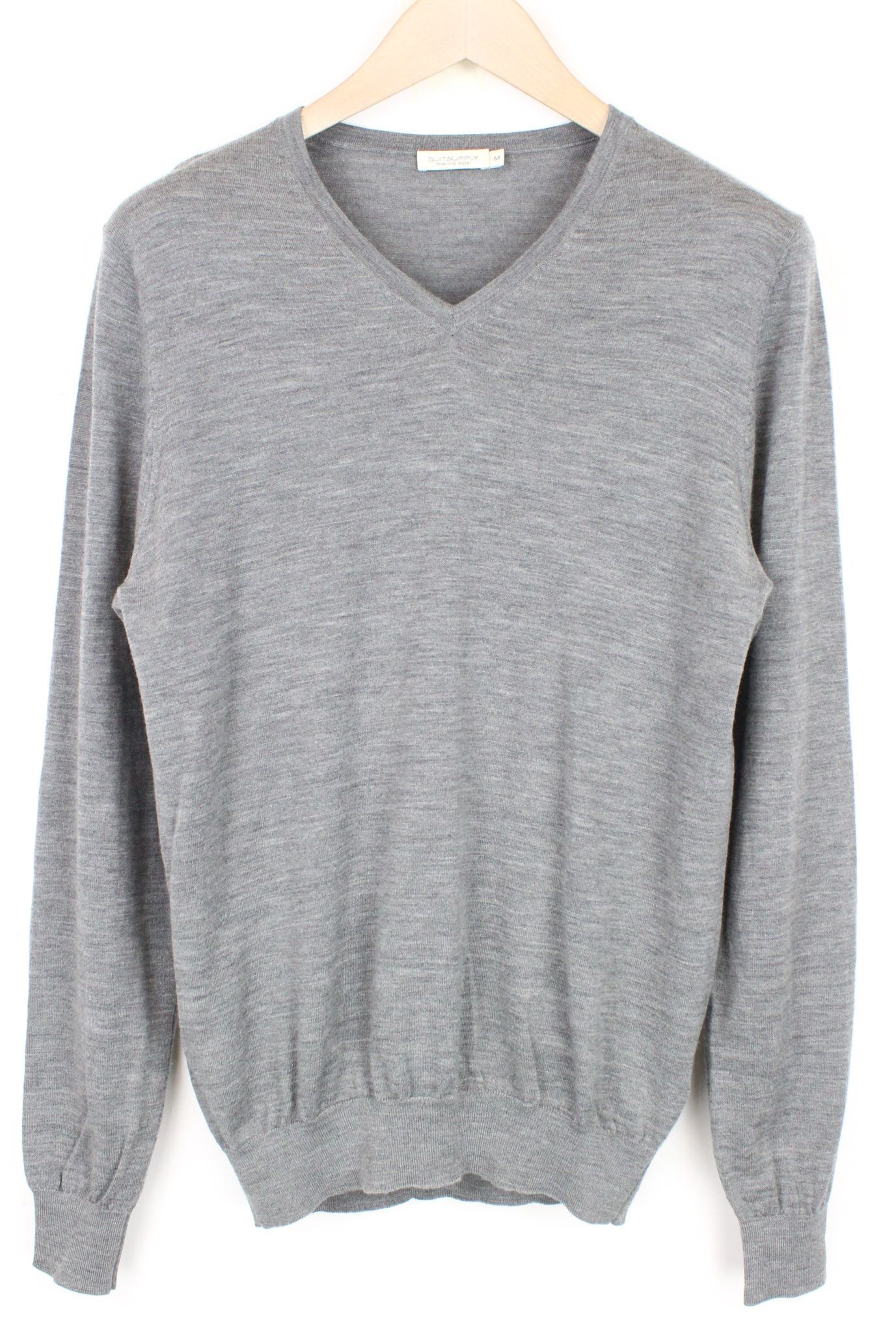 M Grey Melange V-Neck Sweater Knit Merino Wool Slim 67714