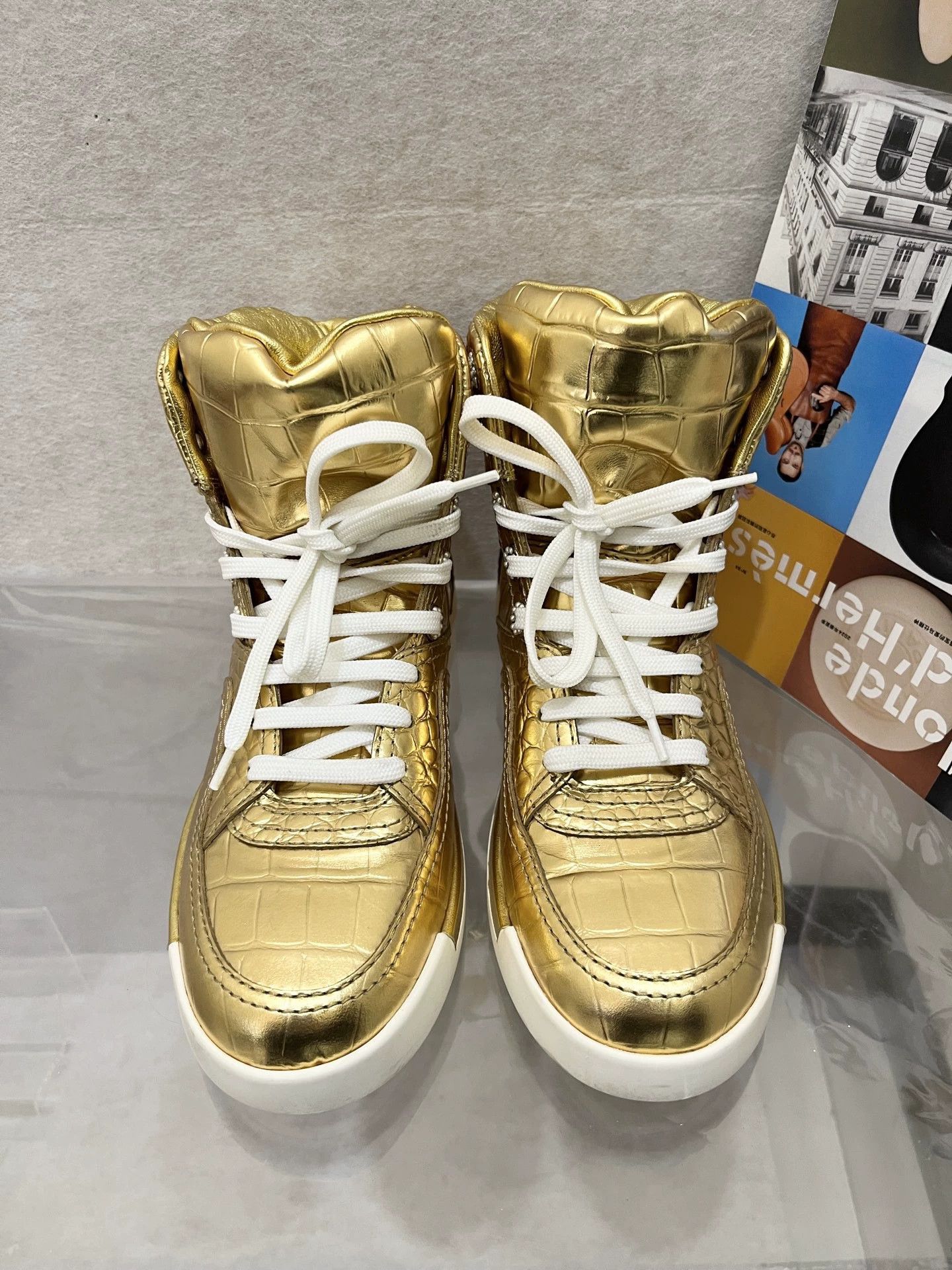 Chanel Chanel Gold Croc Embossed Hightop Sneakers 36.5EU Size US 6 / IT 36 - 1 Thumbnail
