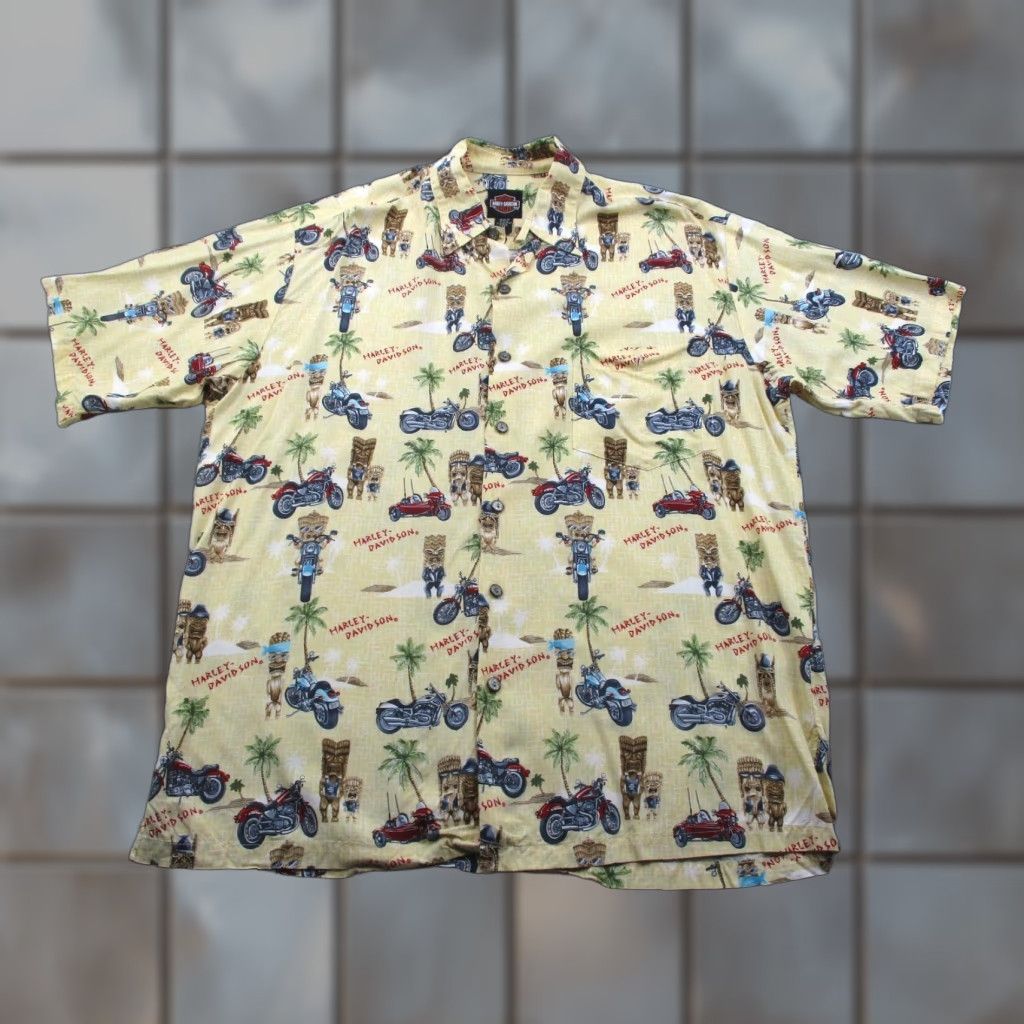 Harley Davidson Harley-Davidson Shirt Mens M Hawaiian Tiki Motorcycle Palm Tree Aloha Rayon USA Yellow Graphic Print Casual VintageSummer 70s? Size US M / EU 48-50 / 2 - 1 Thumbnail