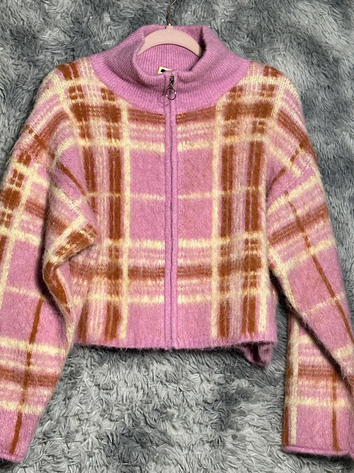 Unknown London Pink and Brown Plaid Zip-Up Cropped Sweater Size S / US 4 / IT 40 - 3 Thumbnail