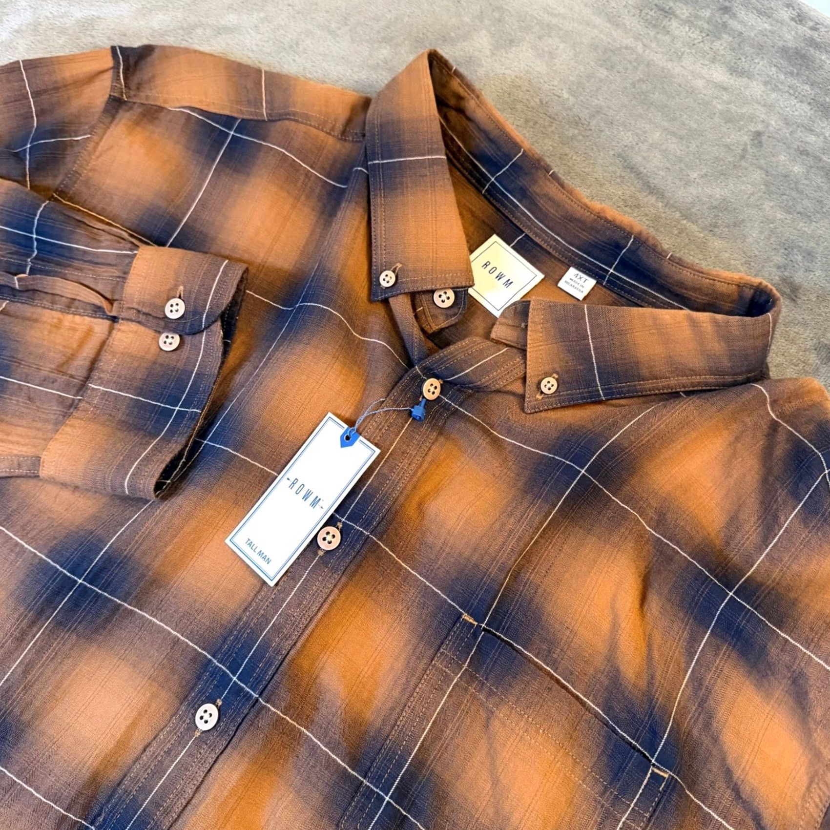 Vintage ROWM Shirt Button-Down Plaid Long Sleeve 4XT Brown Navy Blue Big & Tall NWT Mens Size US XXL / EU 58 / 5 - 2 Thumbnail