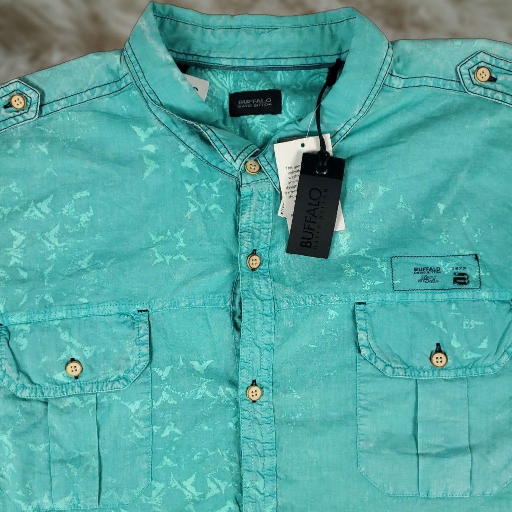 Buffalo by David Bitton Shirt Mens 2XL Turquoise Button-Up Short Sleeve Pockets Cotton New With Tags Mens