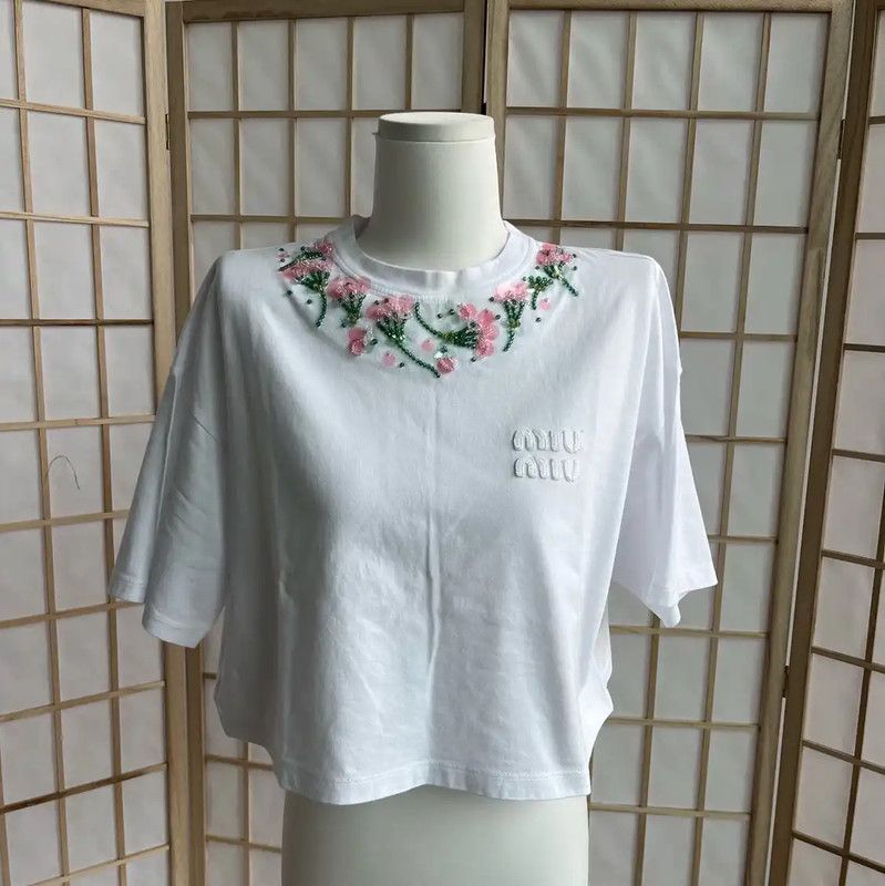 Miu Miu Miu Miu White Cotton Cropped T-Shirt 0089 Size S / US 4 / IT 40 - 1 Thumbnail