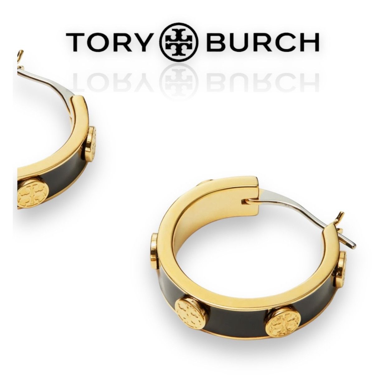 Tory Burch ✺ TORY BURCH GOLD BLACK ENAMEL AND GOLD MILLER HOOPS ✺✺ Size ONE SIZE - 2 Thumbnail