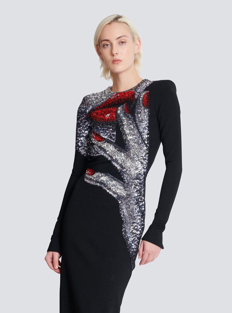 Balmain o1s1wg110526 Long Embroidered Dress with Face Motif in Black Size XL / US 12-14 / IT 48-50 - 7 Thumbnail