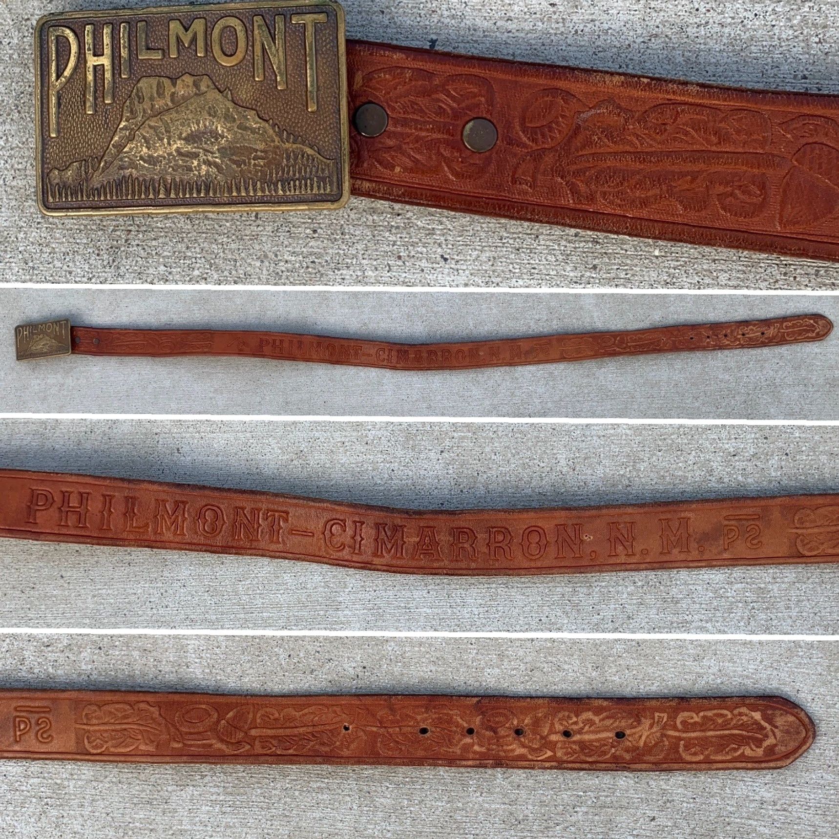 Vintage Philmont Belt Buckle Bastian Bros Co Rochester NY 1939 Union Made Tooled Leather Belt Brown Men Vintage Cowboy Western Size ONE SIZE - 4 Thumbnail