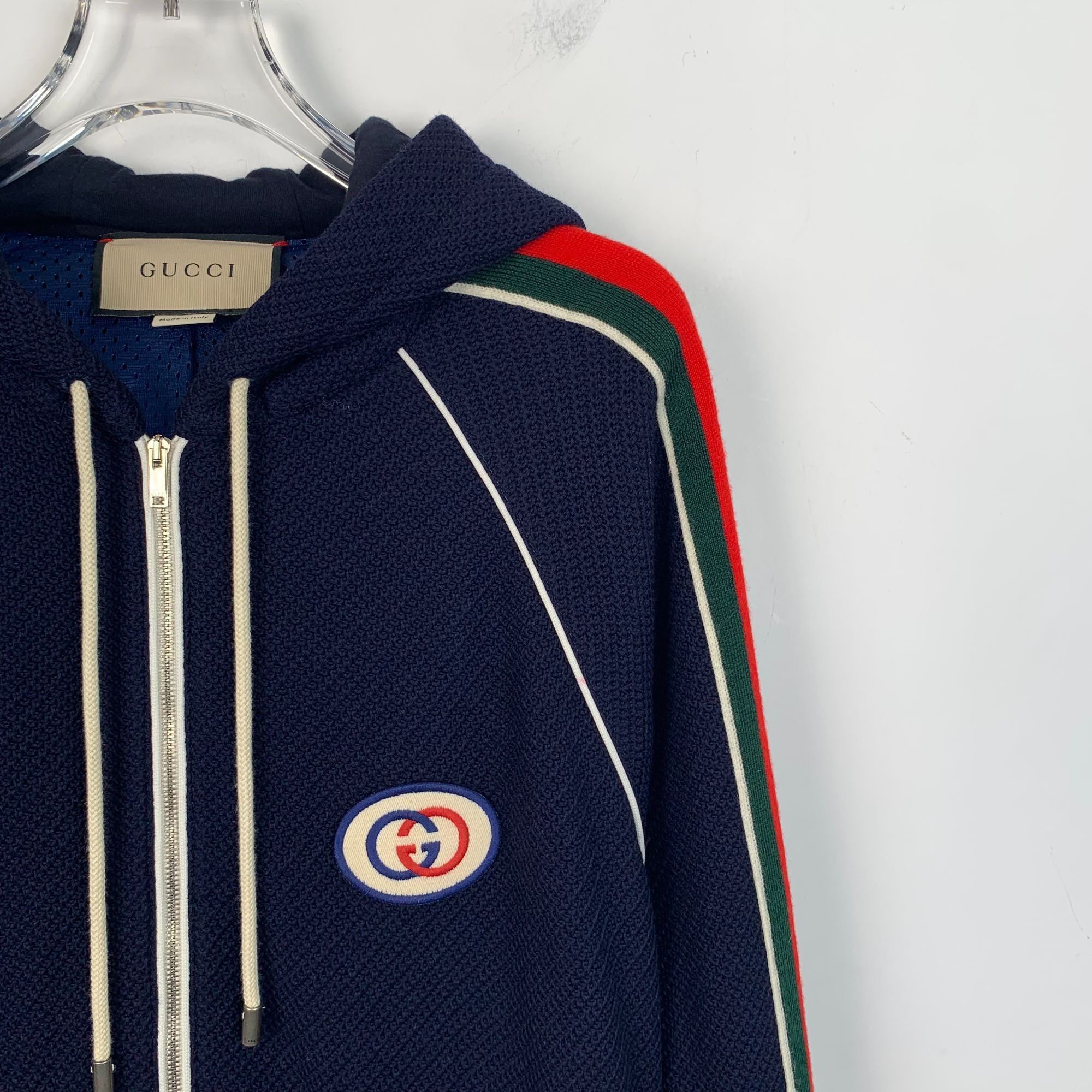 Gucci Navy Hooded Zip-Up Sweatshirt With Red & Green Stripes