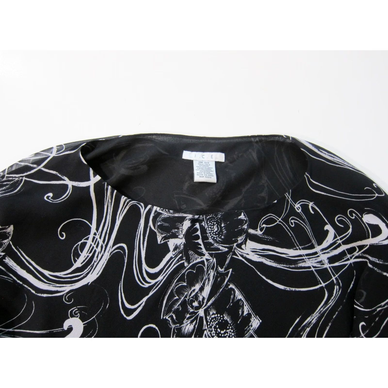 Vintage I.C.E 100% Silk Black White Floral Asymmetrical Flare Sleeve Blouse Top Women OS Size ONE SIZE - 5 Thumbnail