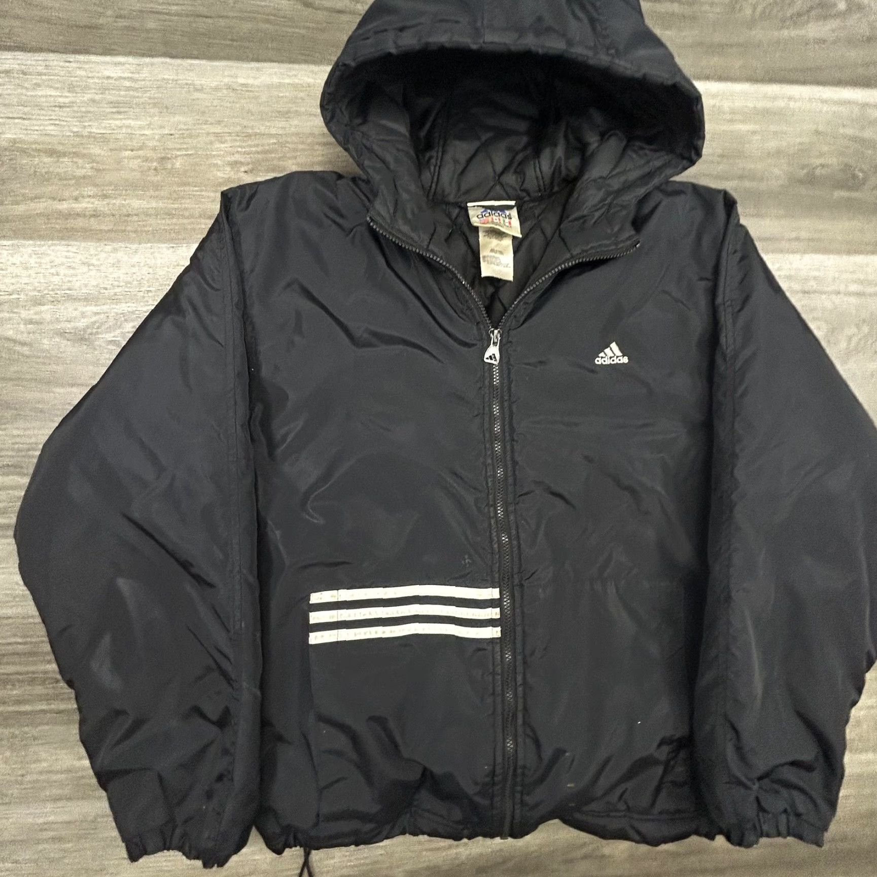 VINTAGE Adidas Jacket Mens Medium Black Hooded Insulated Full Zip Puffer Coat
