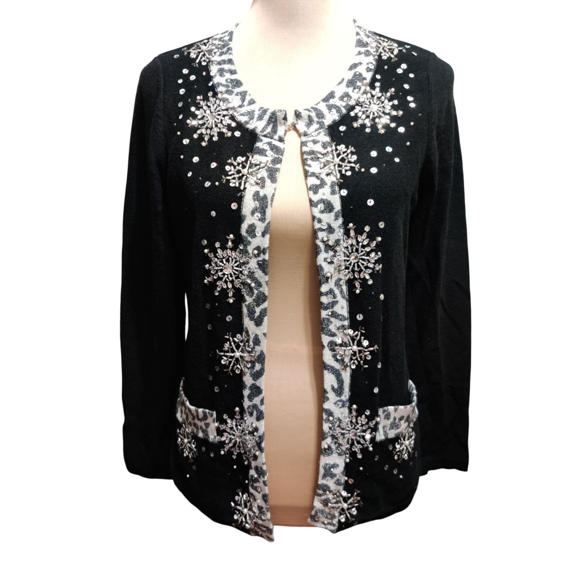 Other Drapers & Damon Size S Beaded Cardigan Black Leopard Trim Se Size S / US 4 / IT 40 - 1 Thumbnail
