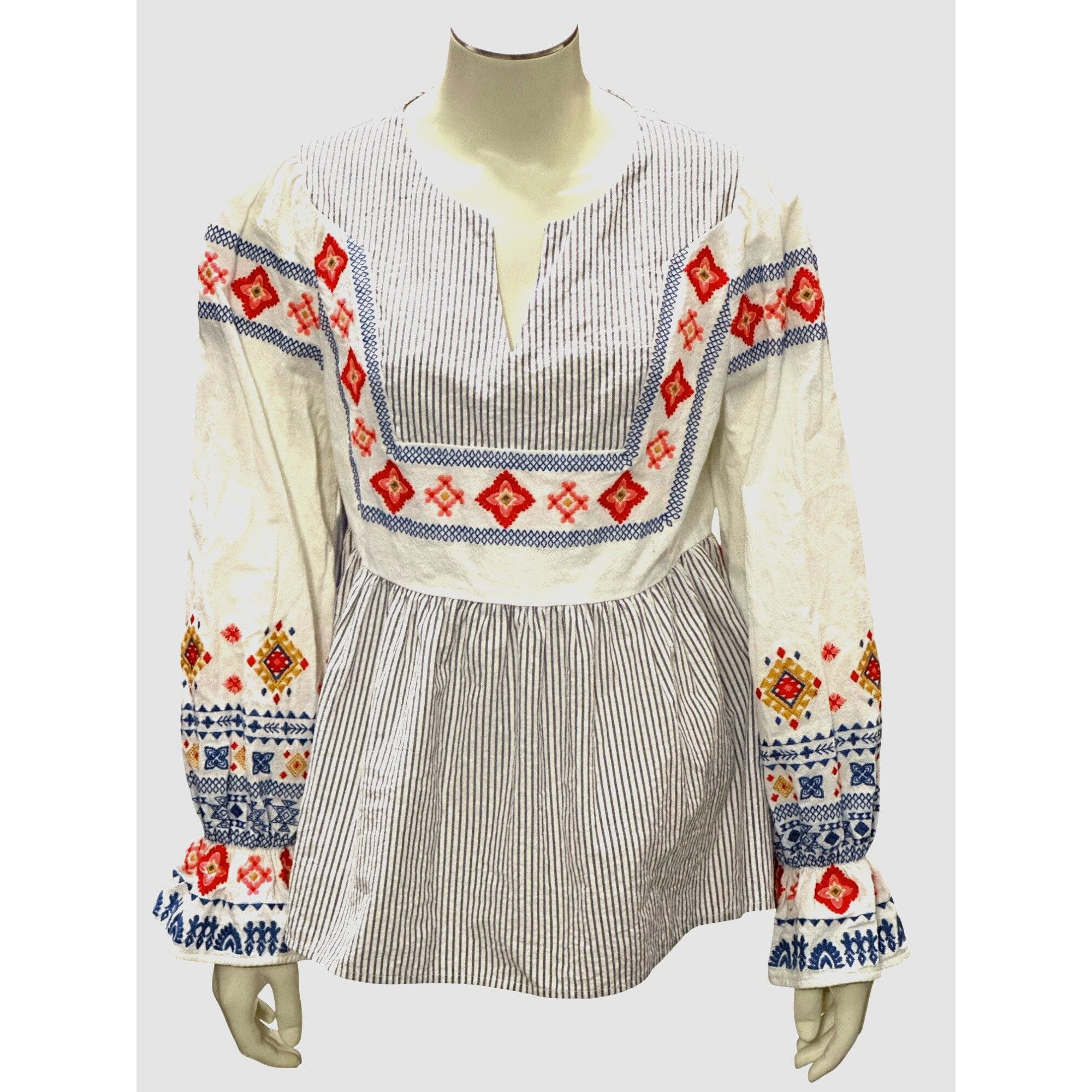 Other CCC Striped Bohemian Embroidered Long Sleeve Blouse V Neck P Size S / US 4 / IT 40 - 1 Thumbnail