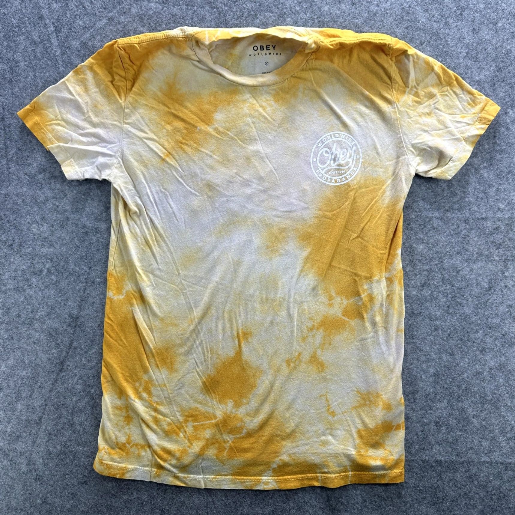 Obey VINTAGE Obey Shirt Mens S Yellow Tie Dye Worldwide Propaganda Graphic Tee Size US S / EU 44-46 / 1 - 2 Thumbnail