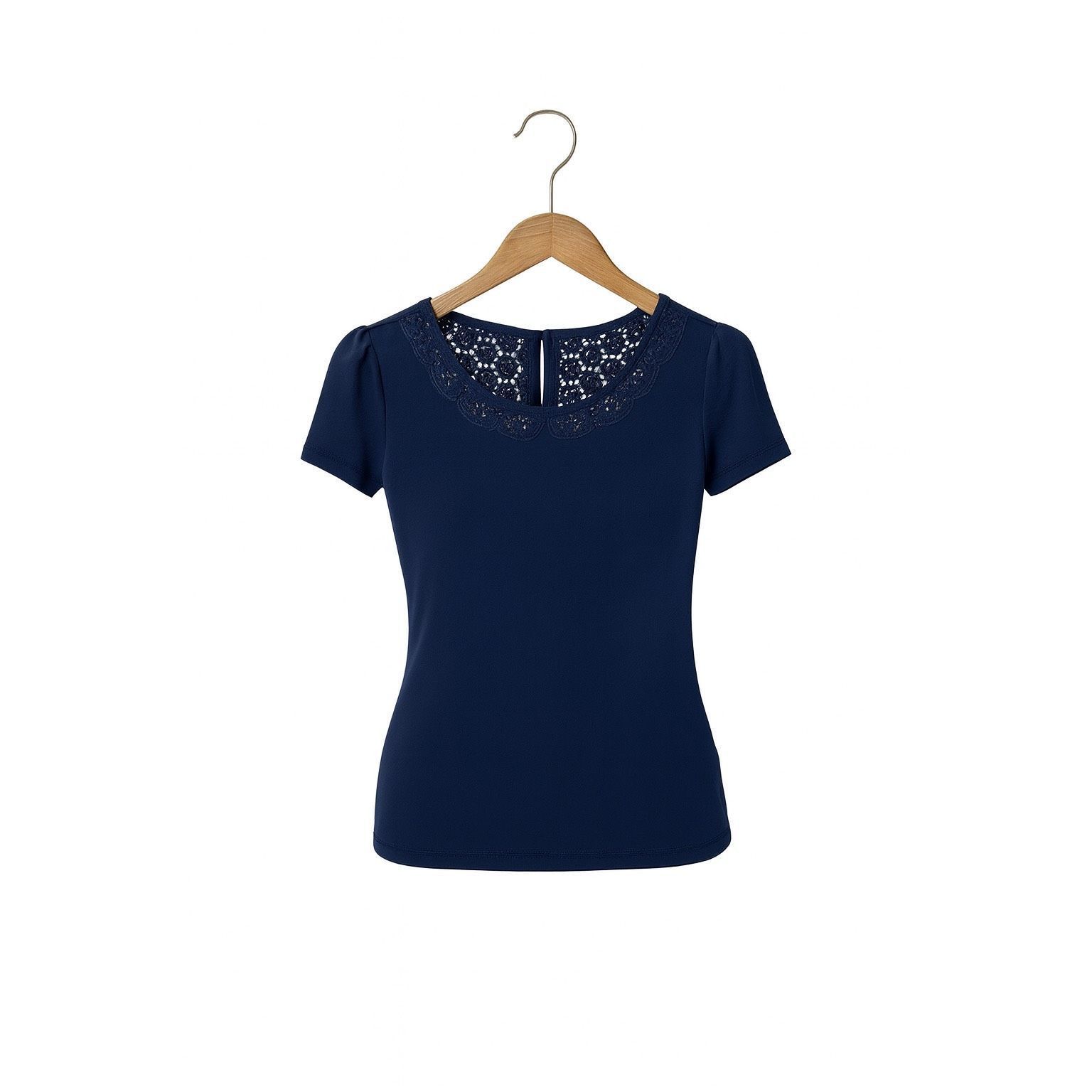 Marcs Marc’s Navy Blue Lace Neckline Top | Short Sleeve Viscose Te Size S / US 4 / IT 40 - 4 Thumbnail