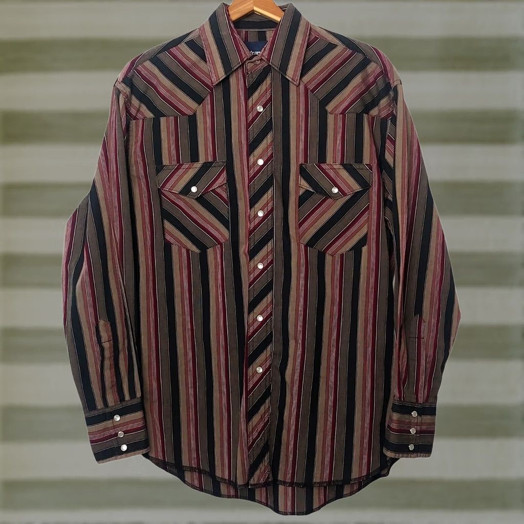 Wrangler VINTAGE Wrangler Western Shirt Large Pearl Snap Retro Stripe Brown Maroon Long Slv Rodeo Size US L / EU 52-54 / 3 - 1 Thumbnail