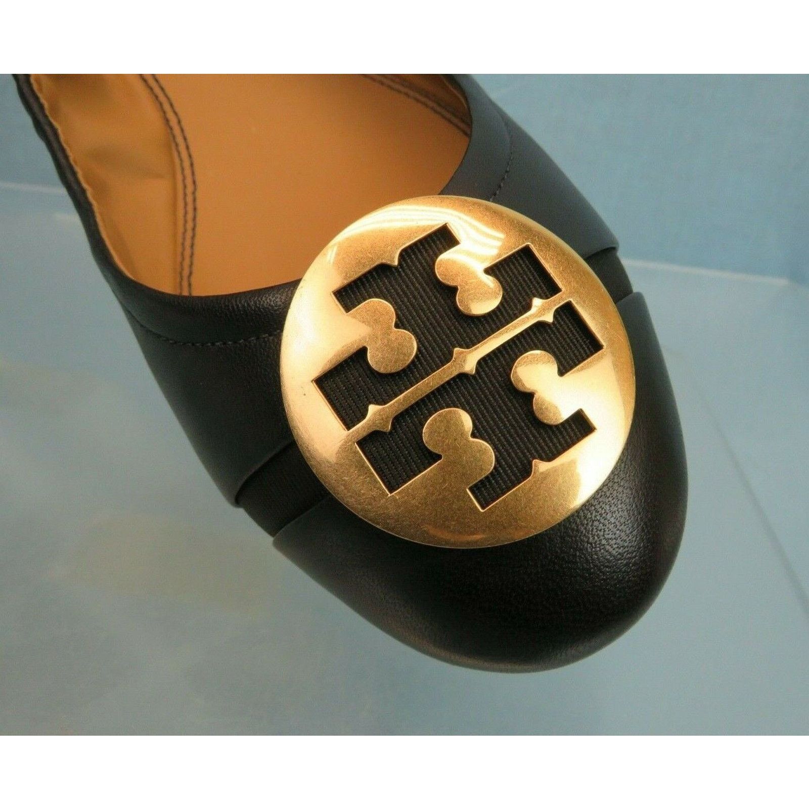 Tory Burch TORY BURCH MINNIE BLUE LEATHER GOLD REVA BLACK TOE FLATS 9 Size US 9 / IT 39 - 9 Thumbnail