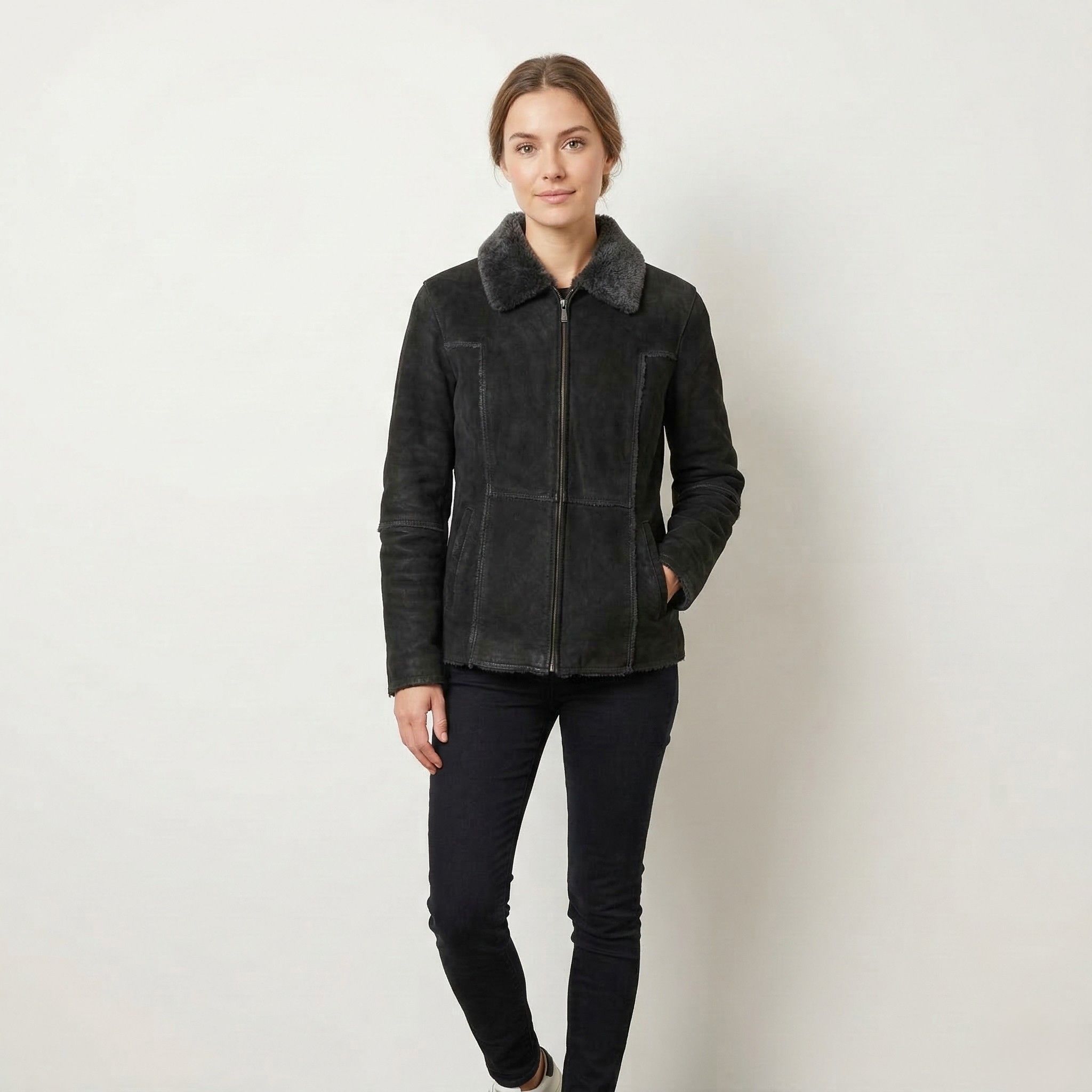 Vintage Joy Women 42 M Jacket Charcoal Leather Suede 7153 Size M / US 6-8 / IT 42-44 - 1 Thumbnail