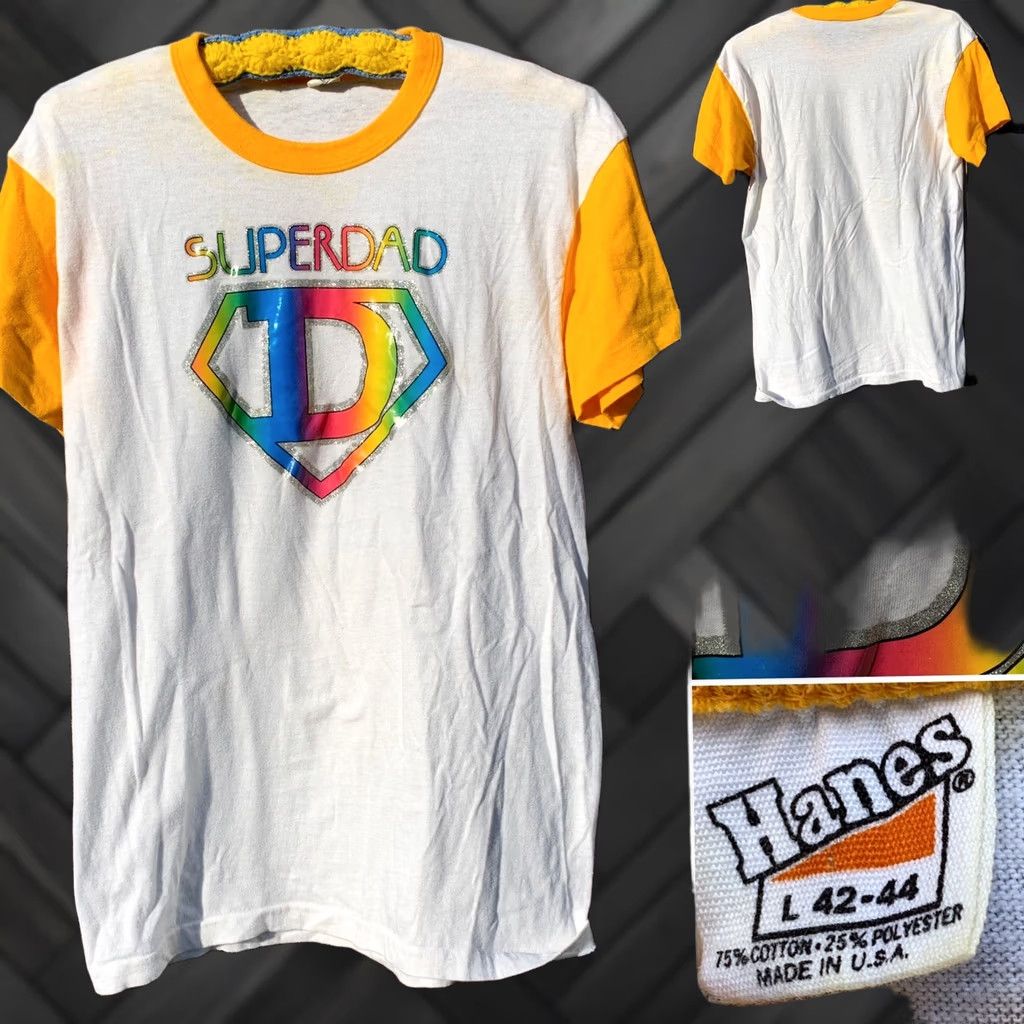 Hanes VINTAGE Hanes Iron On Tee Shirt Rainbow SUPERDAD Yellow Sleeves Ringer Neck 70s L Mens Size US L / EU 52-54 / 3 - 1 Thumbnail