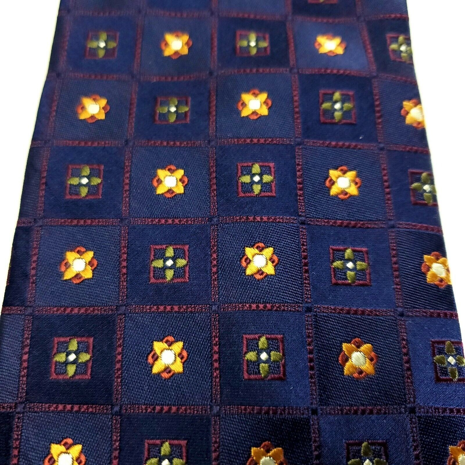 Designer Rooster Blue Geometric Floral Woven Silk Tie Size ONE SIZE - 2 Thumbnail