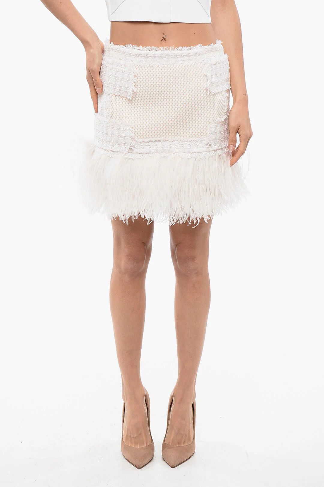Balmain og1mm0326 Tweed Mini Skirt in White Size 40" / US 18 - 1 Thumbnail