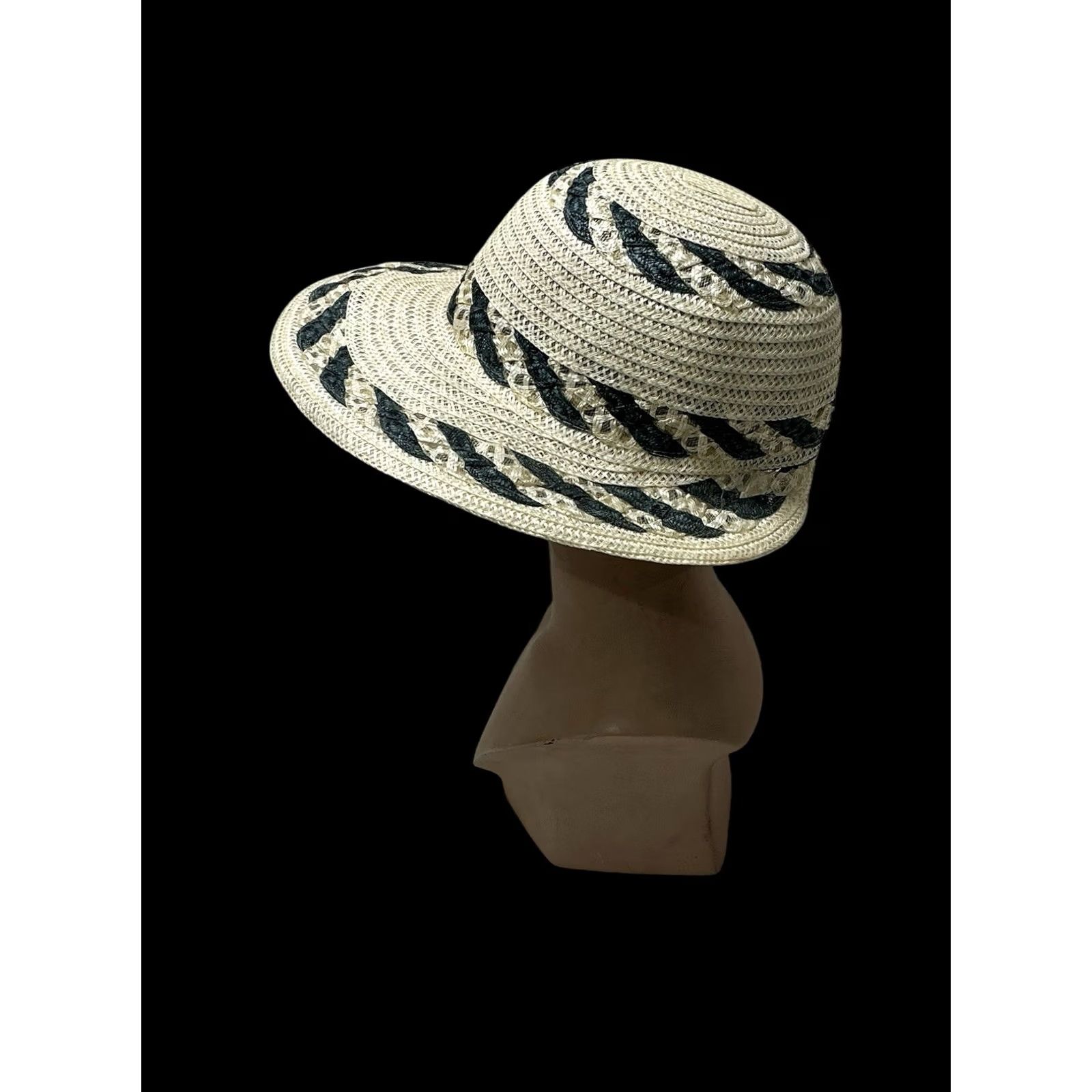 VINTAGE Natural Straw Wide Brim Hat w/ Black Woven Accents 