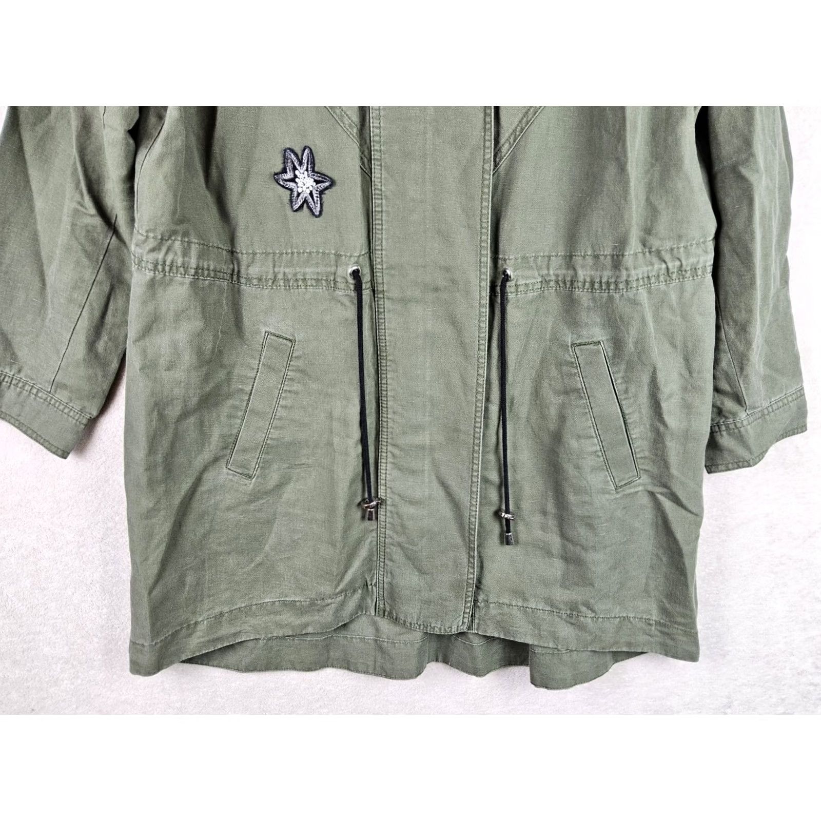 Vintage Cabi Jacket Bird Military Linen Blend Sequin Star Appliqué Zip Green Sz L Women Regular Mid-Length Jacket (Travel, Workwear) Size L / US 10 / IT 46 - 6 Thumbnail