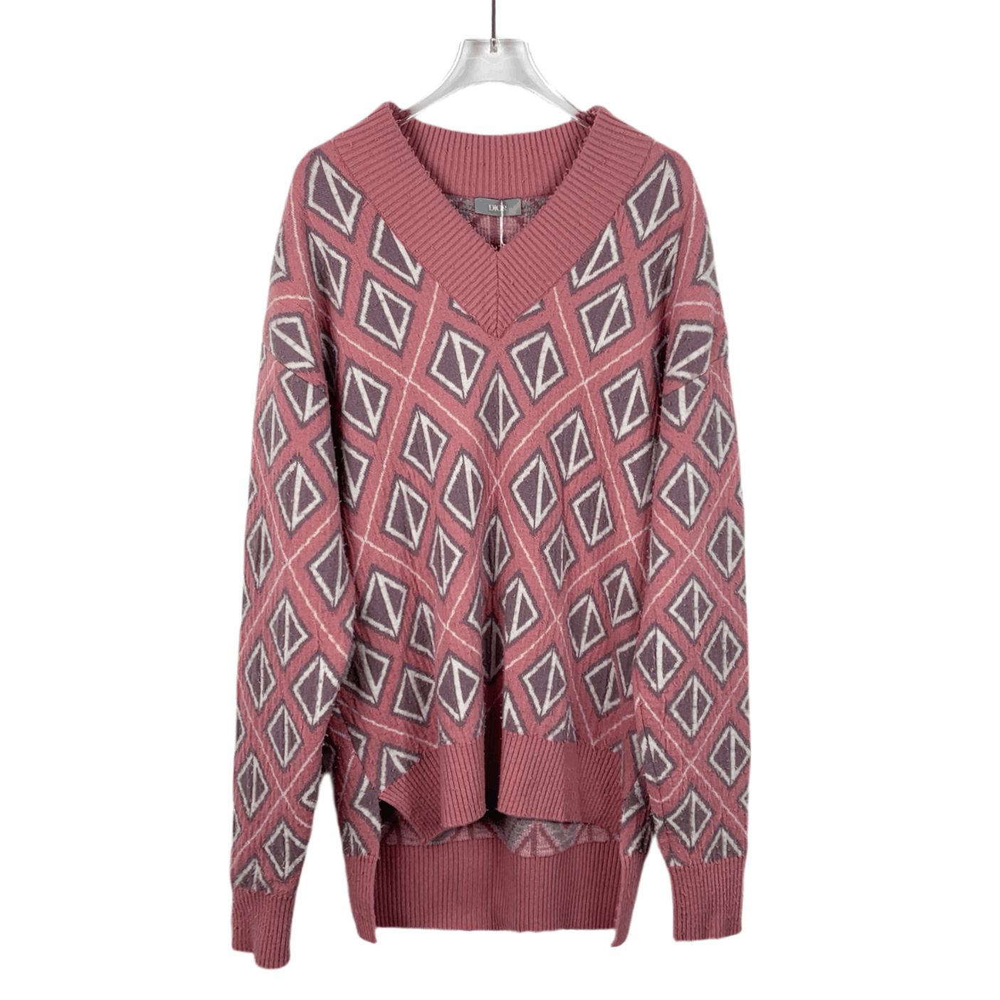 Dior Dior Pink Diamond-Pattern Wool V-Neck Knit (Size S) Size S / US 4 / IT 40 - 1 Thumbnail