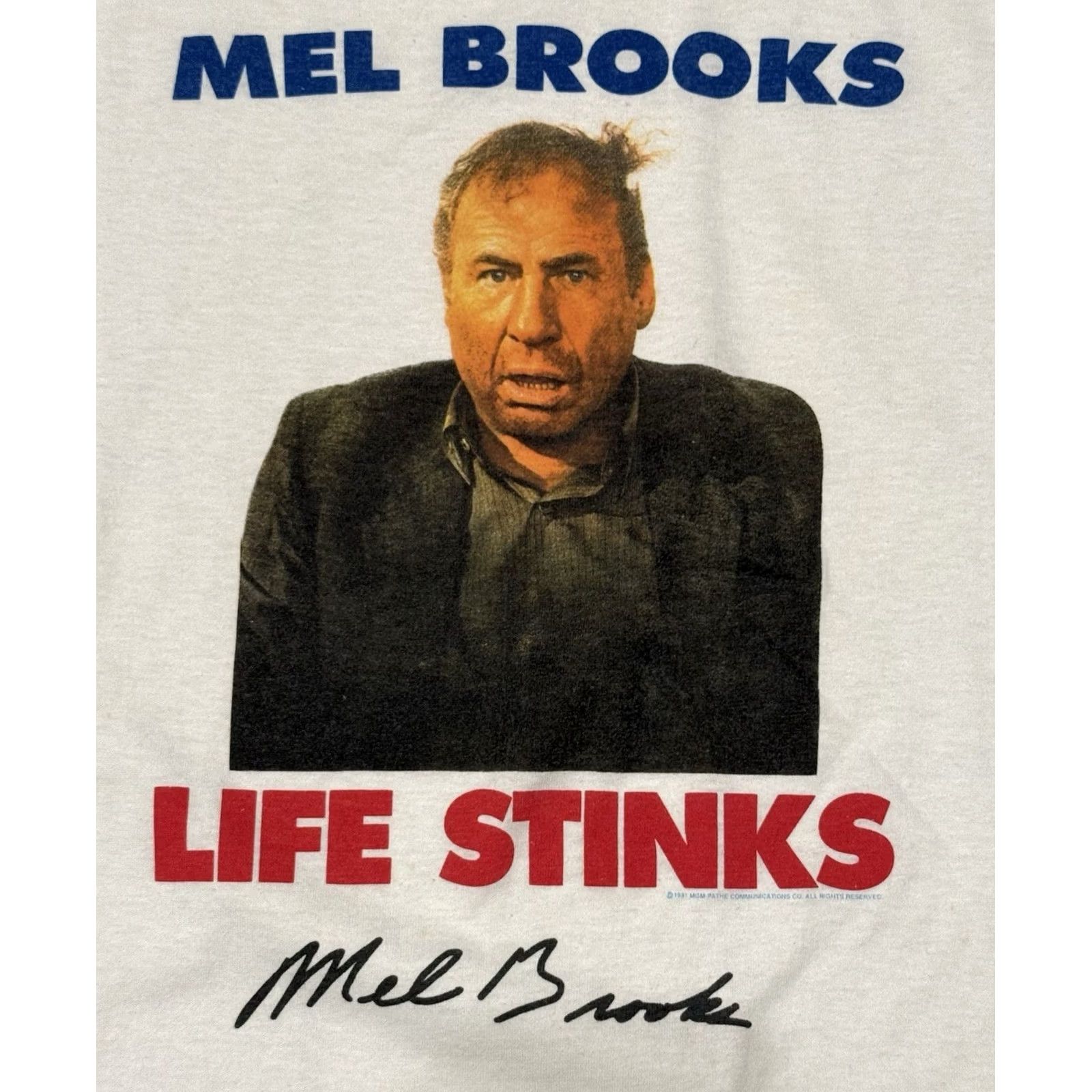 Hanes VINTAGE Mel Brooks Life Stinks Shirt L White 90s MGM Spaceballs Young Frankenstein Hanes Men T-Shirt Crew Neck Short Sleeve Graphic Print 1990s Size US L / EU 52-54 / 3 - 3 Thumbnail