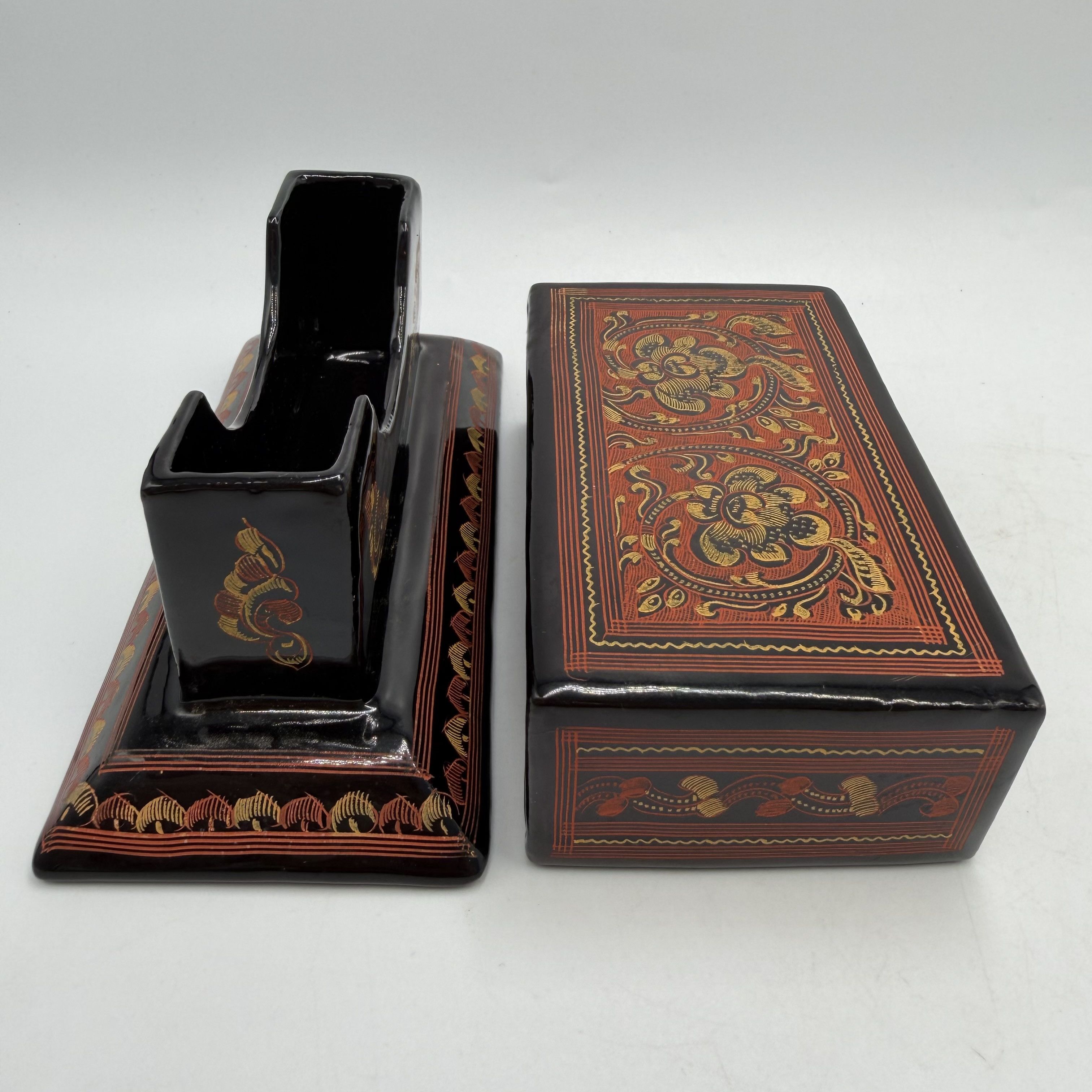 Vintage Vintage Lacquer Desk Organizer Box Black Hand Painted Size ONE SIZE - 10 Thumbnail
