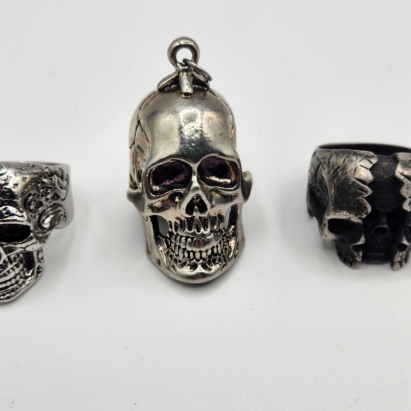 Designer Stainless Skull Rings Lot Of 5 And 1 Pendant Size ONE SIZE - 4 Thumbnail