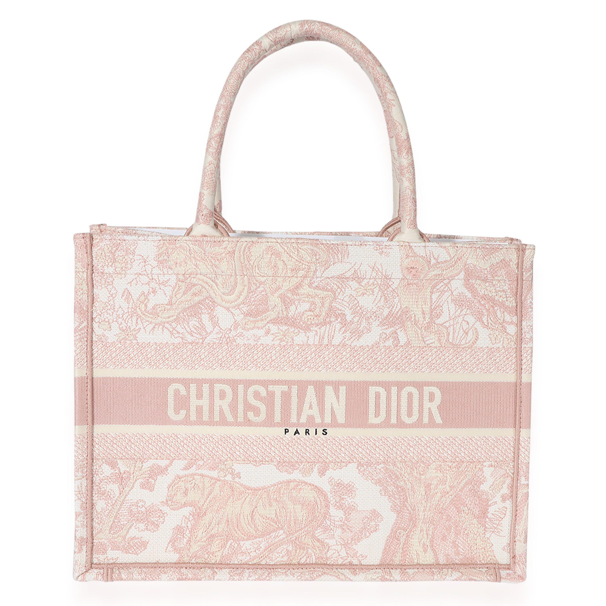image of Dior Pink Toile De Jouy Embroidery Medium Book Tote in Beige, Women's