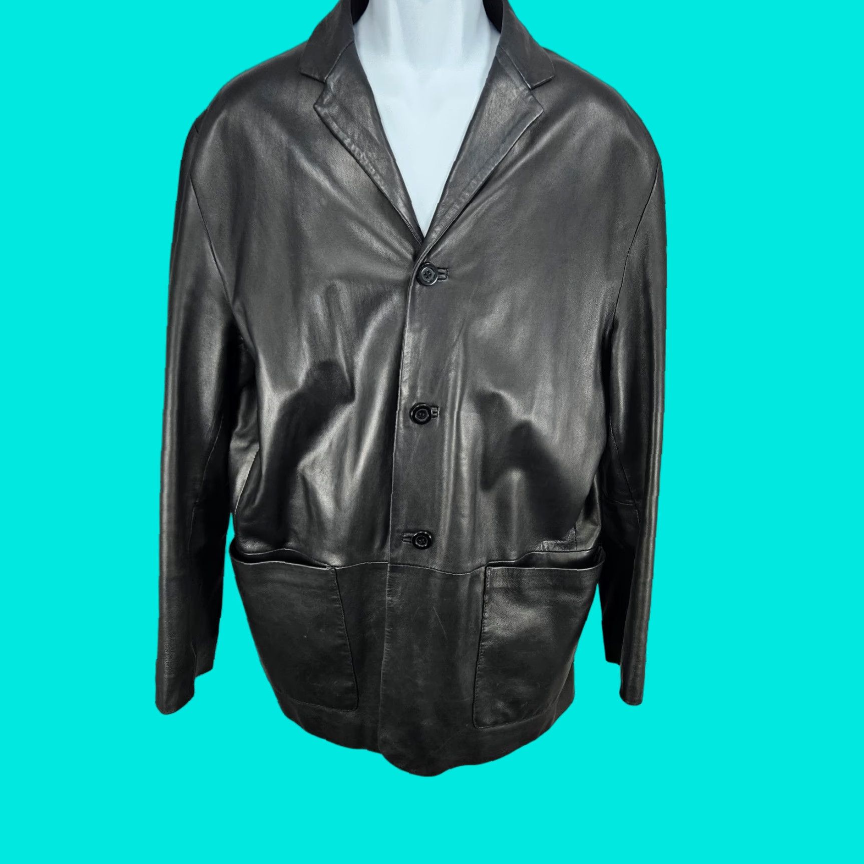 Vintage Santa Maria Del Fiore Blazer Jacket Leather Men 52 Black Solid Mid-Length Button Chest 46 Italy 42 US Classic 90s? Size 52R - 1 Thumbnail