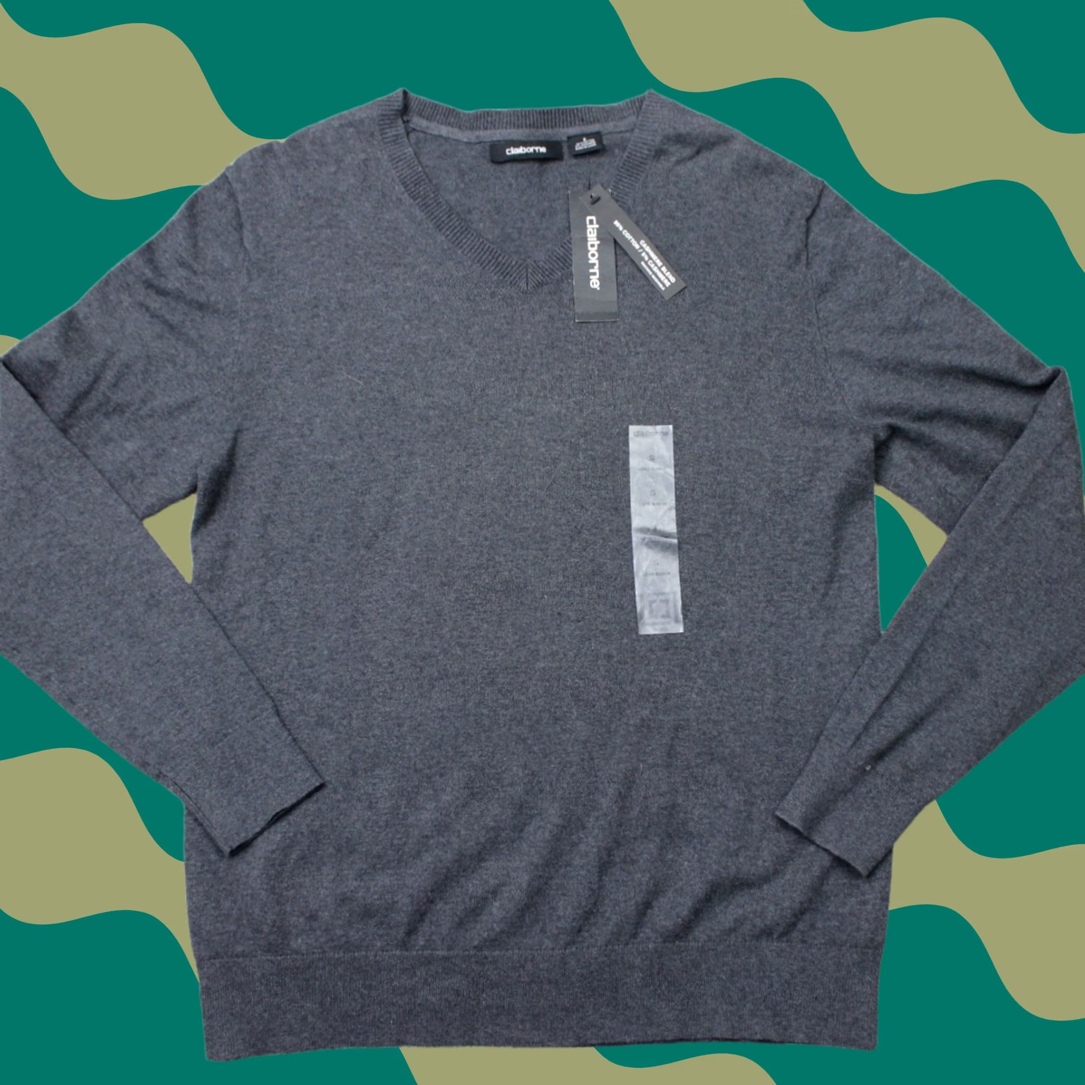 Liz Claiborne Claiborne Sweater Mens Small Heather Gray Cotton/Cashmere V-Neck Pullover NWT Size US S / EU 44-46 / 1 - 1 Thumbnail