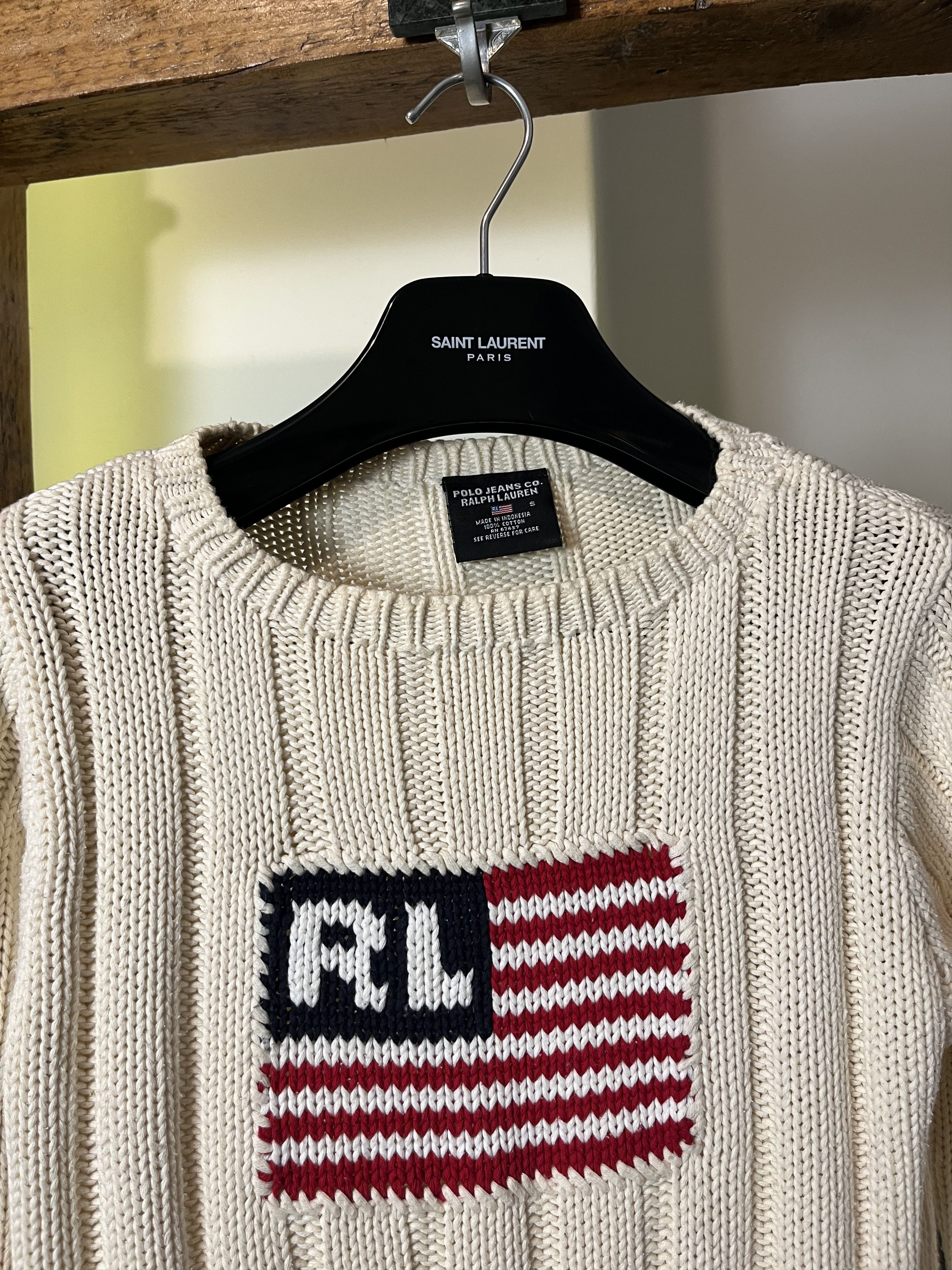 Lauren Ralph Lauren × Ralph Lauren × Vintage Vintage Polo Ralph Lauren USA Flag Beige Cable Knit Knitwear Size US S / EU 44-46 / 1 - 3 Thumbnail