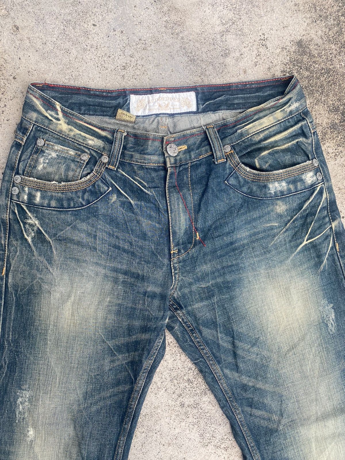 If Six Was Nine × Japanese Brand Flare Jeans Red Pepper Honeycomb Clawmark Splash Size US 33 - 10 Thumbnail