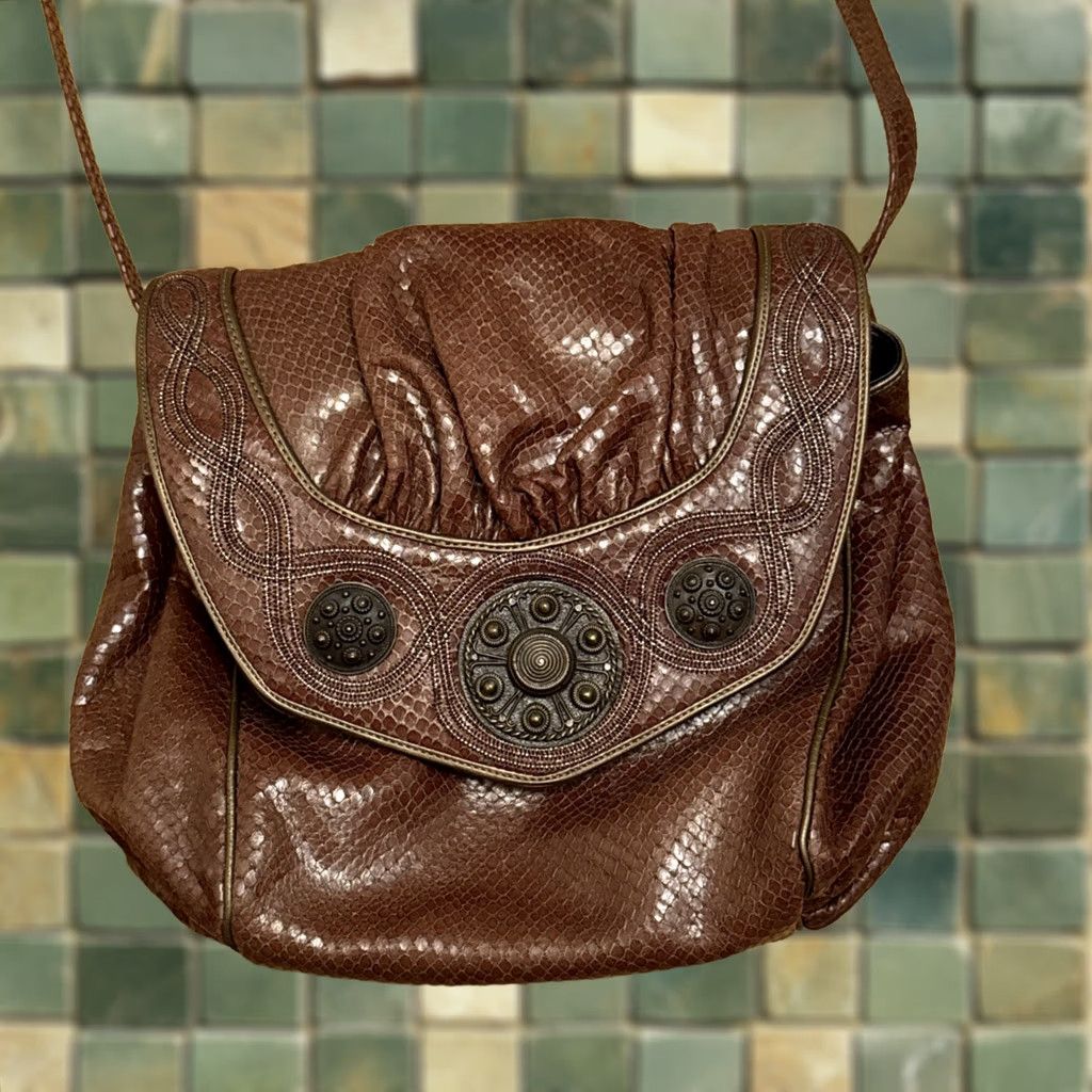 Skin VINTAGE Sharif WOMEN'S BROWN & GOLD REPTILE SKIN HANDBAG PURSE Shoulder Bag Women Medium Brown Gold Reptile Skin Embroidered Vintage 90s Size ONE SIZE - 1 Thumbnail