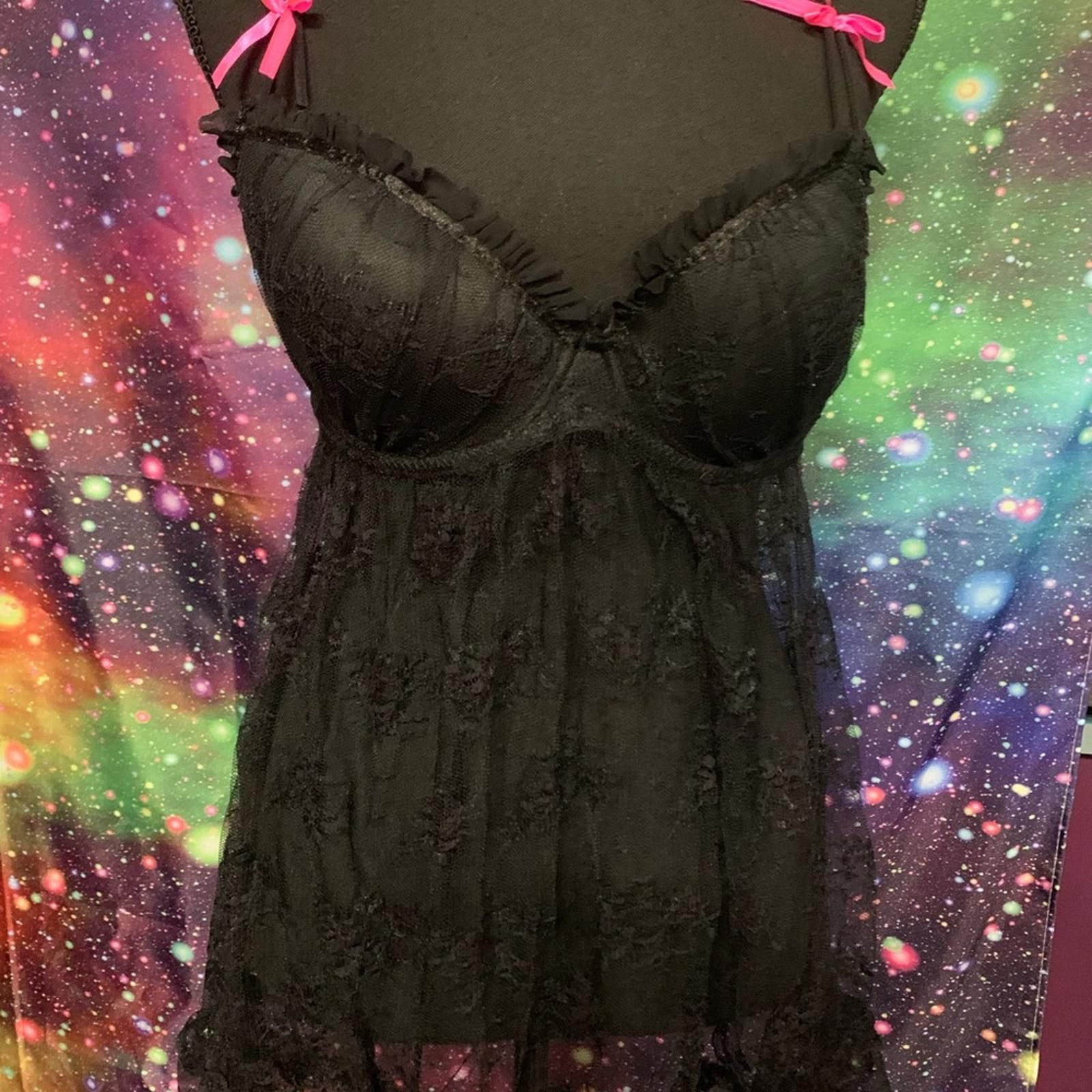 Designer Black Chemise with Lace Trim and Sheer Skirt Size ONE SIZE - 1 Thumbnail
